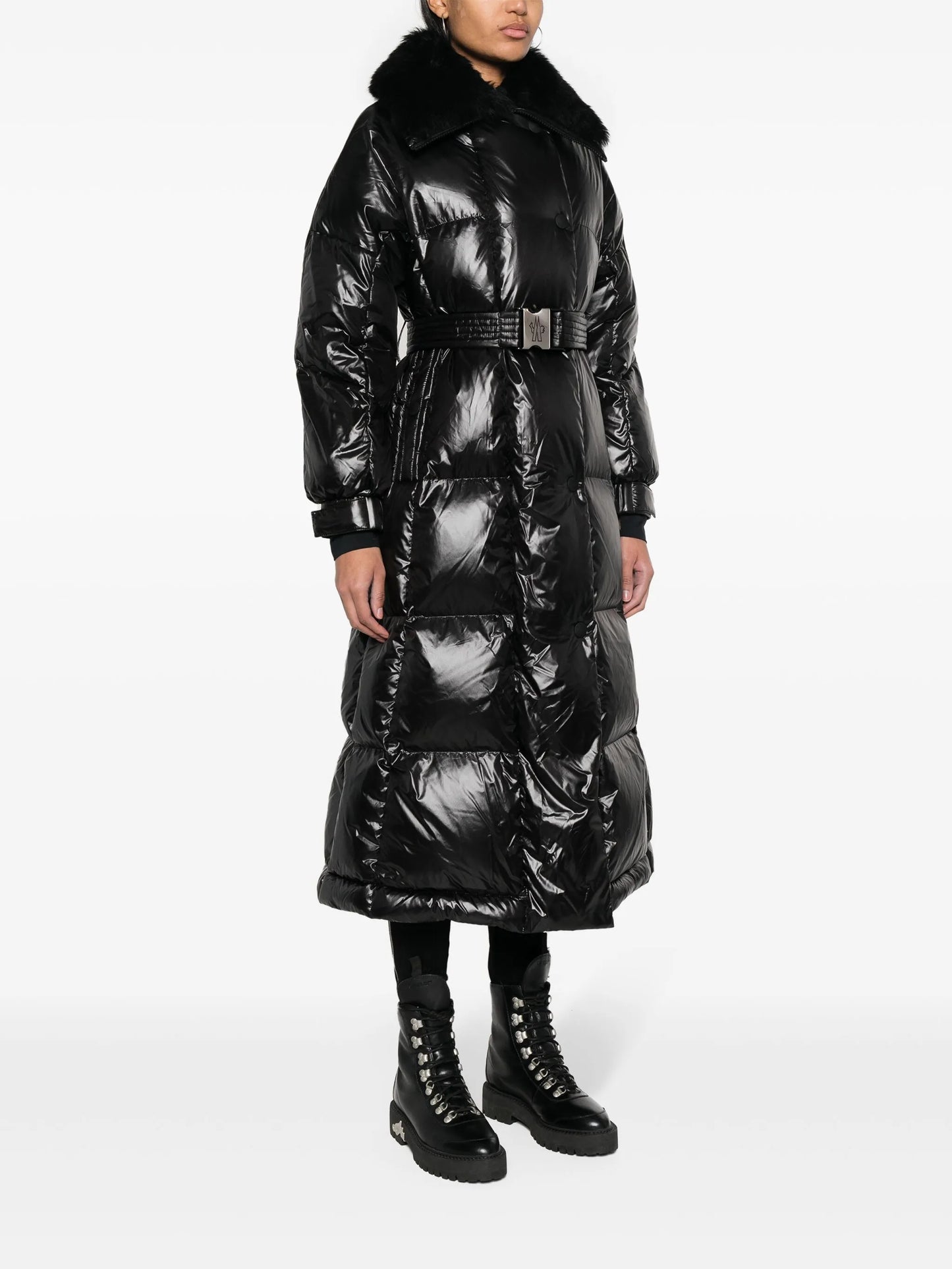 Combovin faux-fur collar belted coat