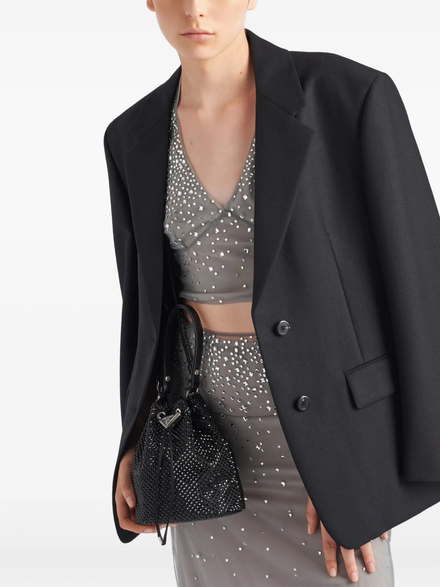 crystal-embellished drawstring bucket bag