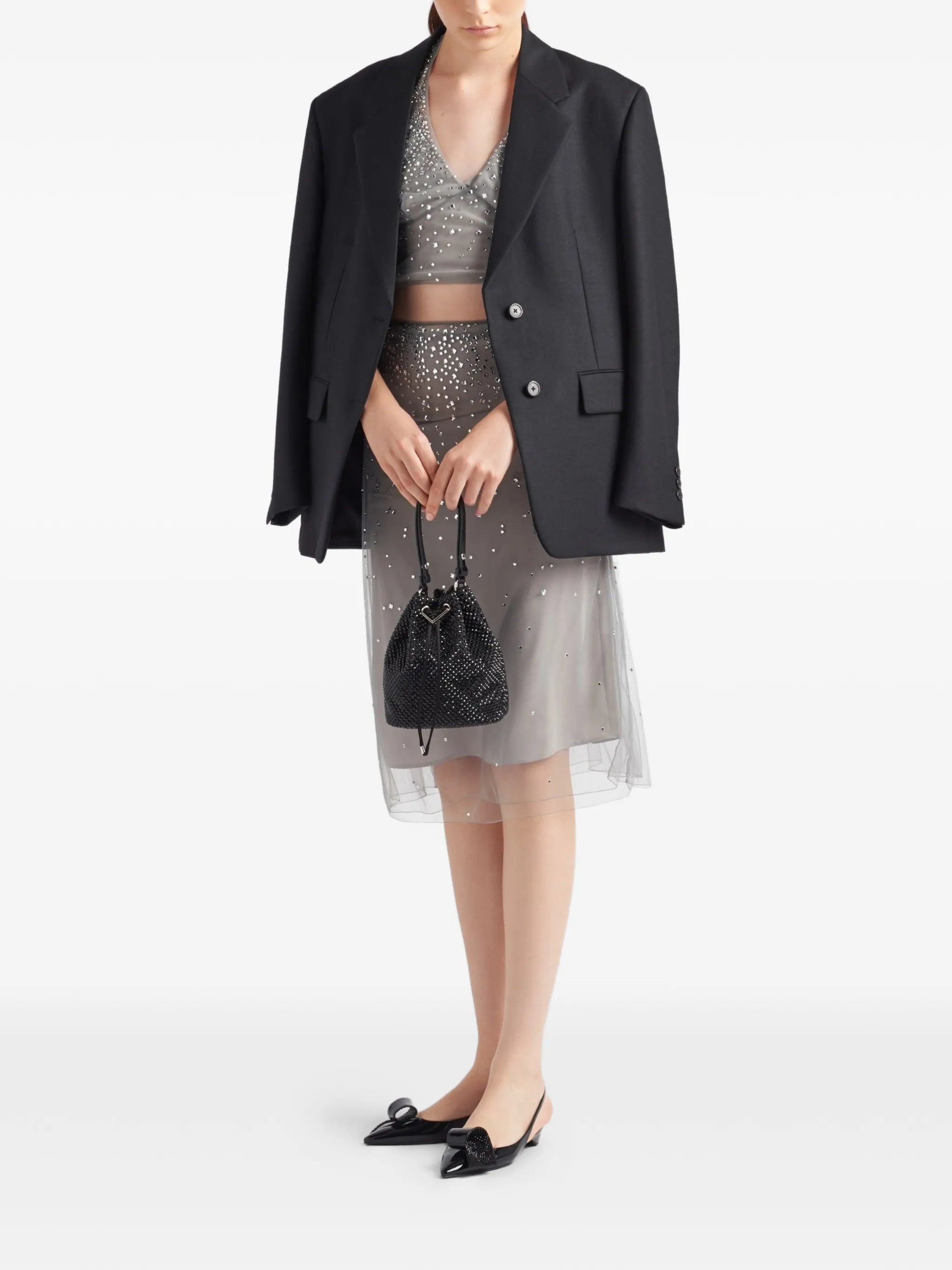 crystal-embellished drawstring bucket bag