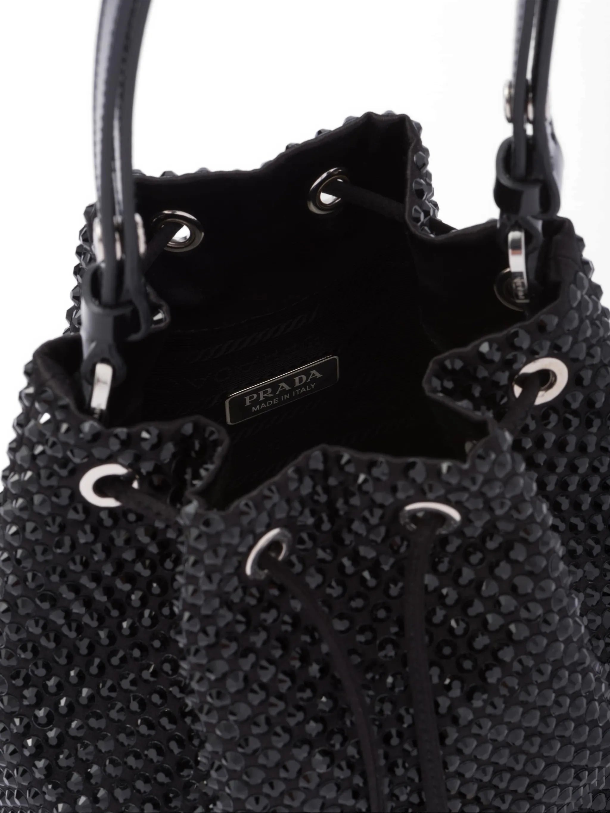 crystal-embellished drawstring bucket bag