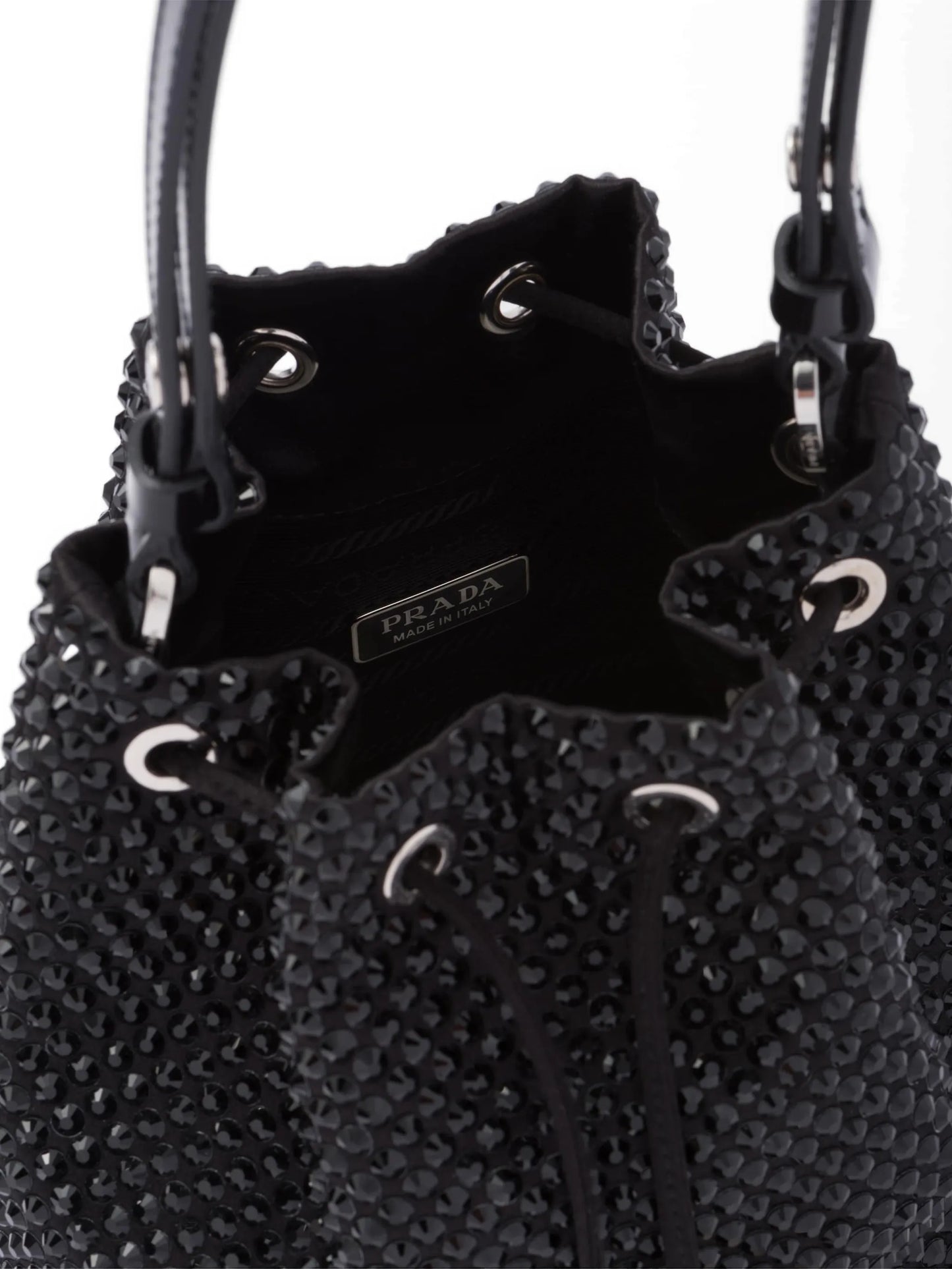 crystal-embellished drawstring bucket bag