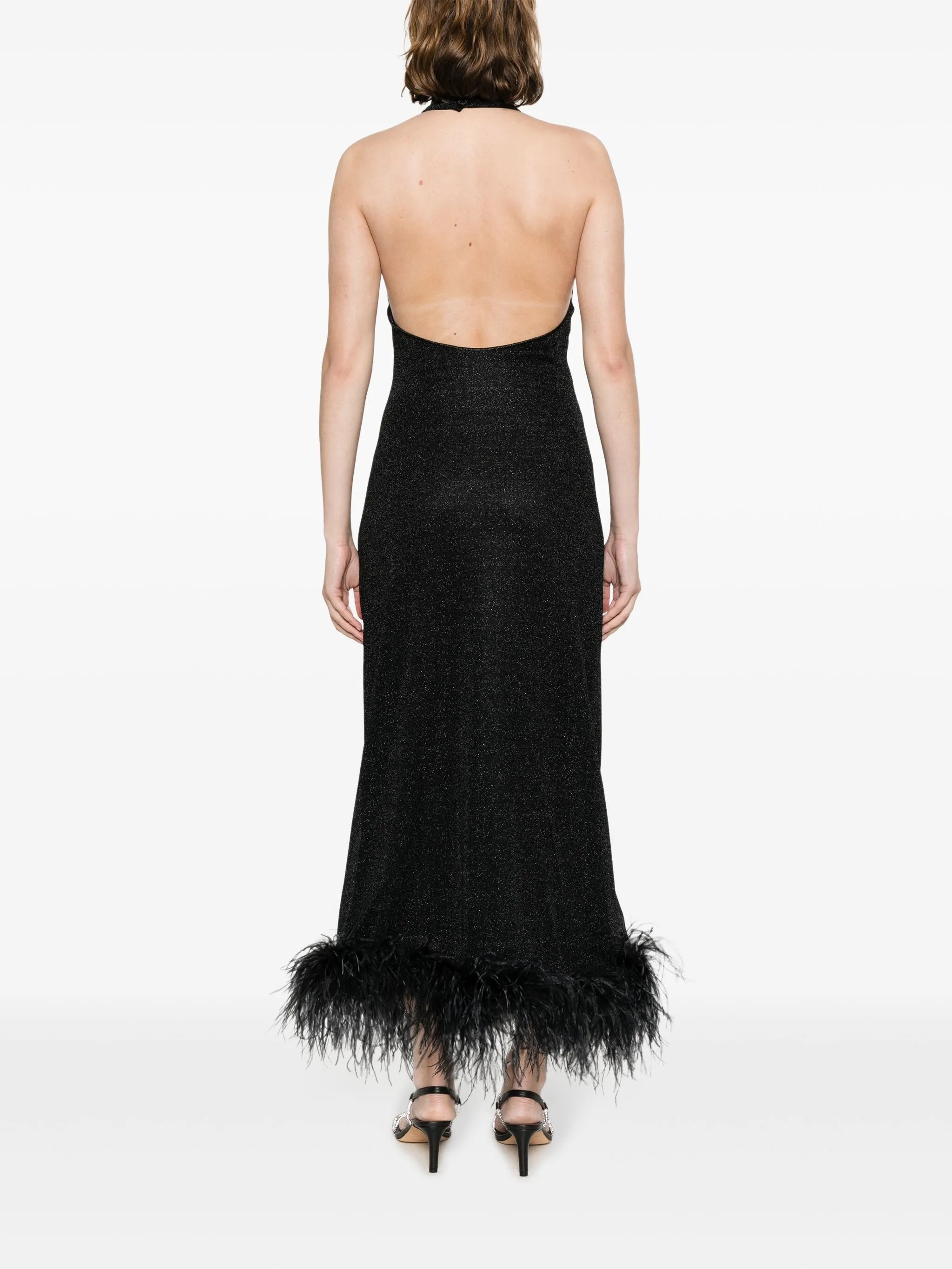 halterneck feather-trim maxi dress