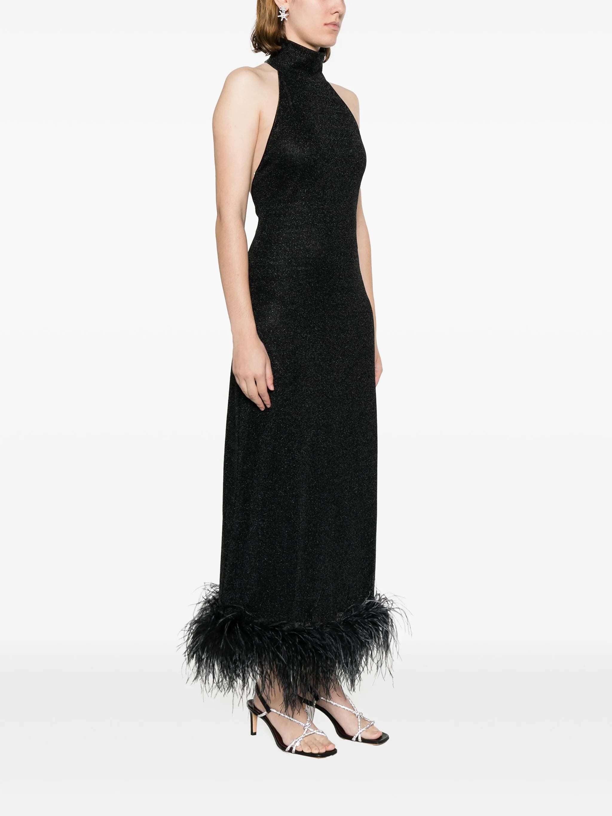 halterneck feather-trim maxi dress