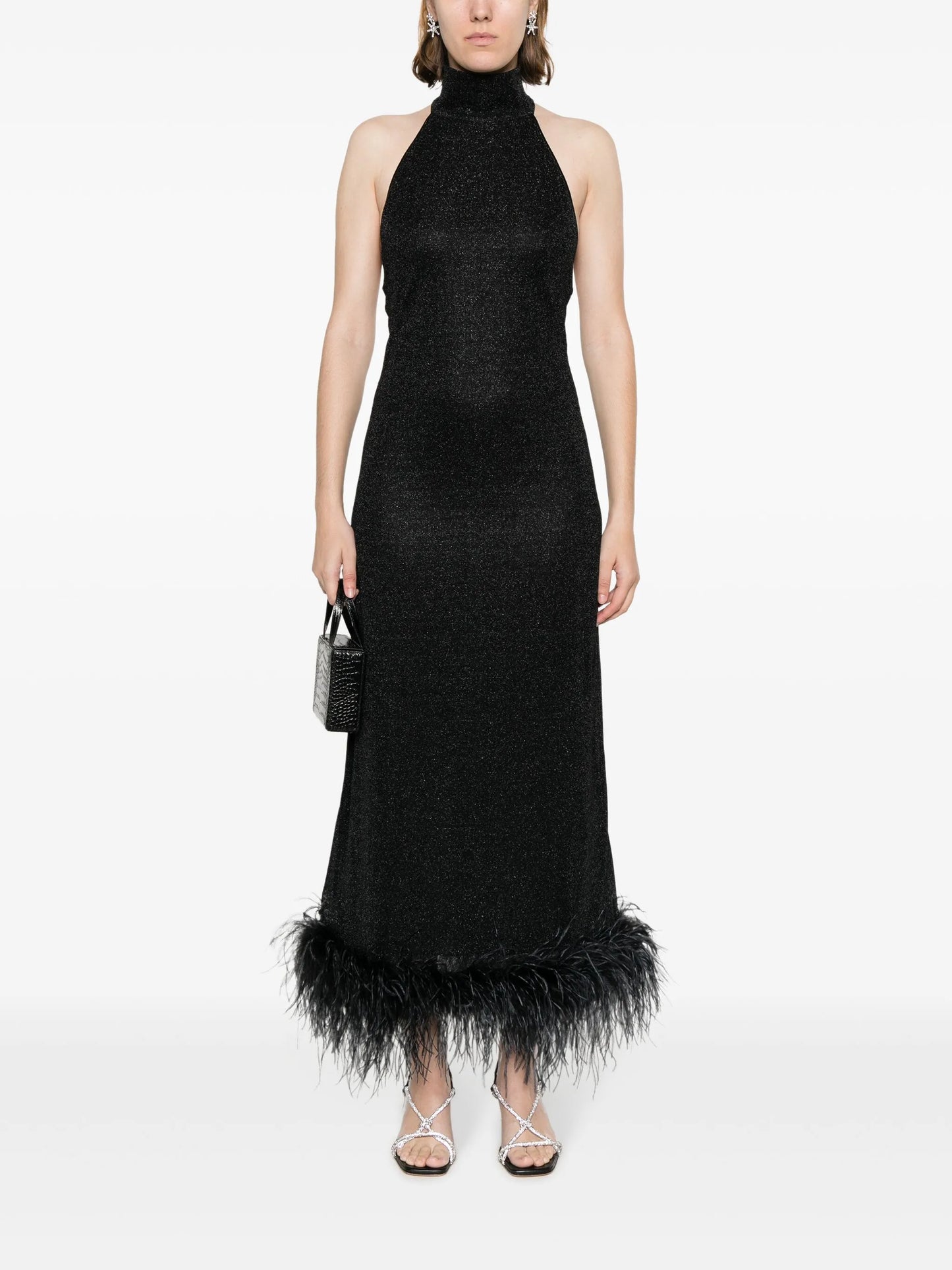 halterneck feather-trim maxi dress