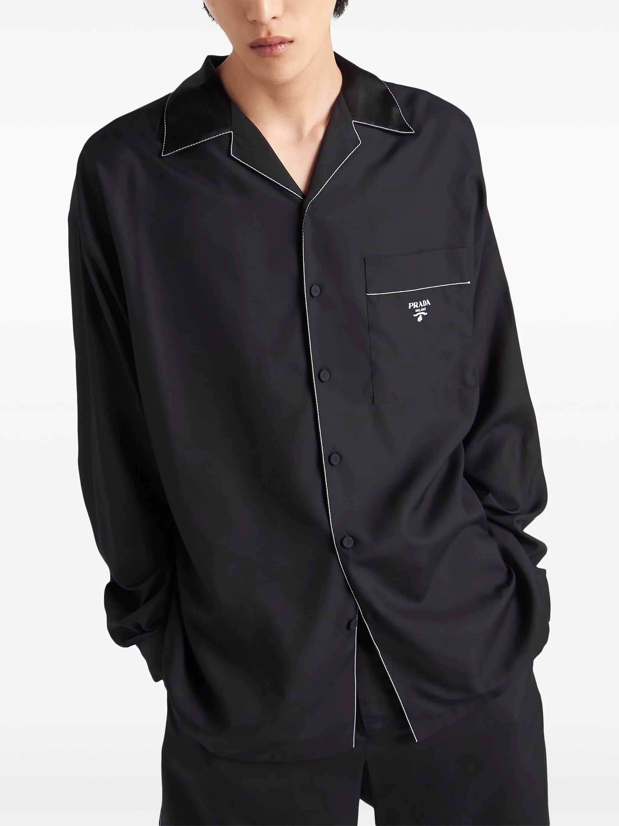 contrast-trim silk pajama shirt