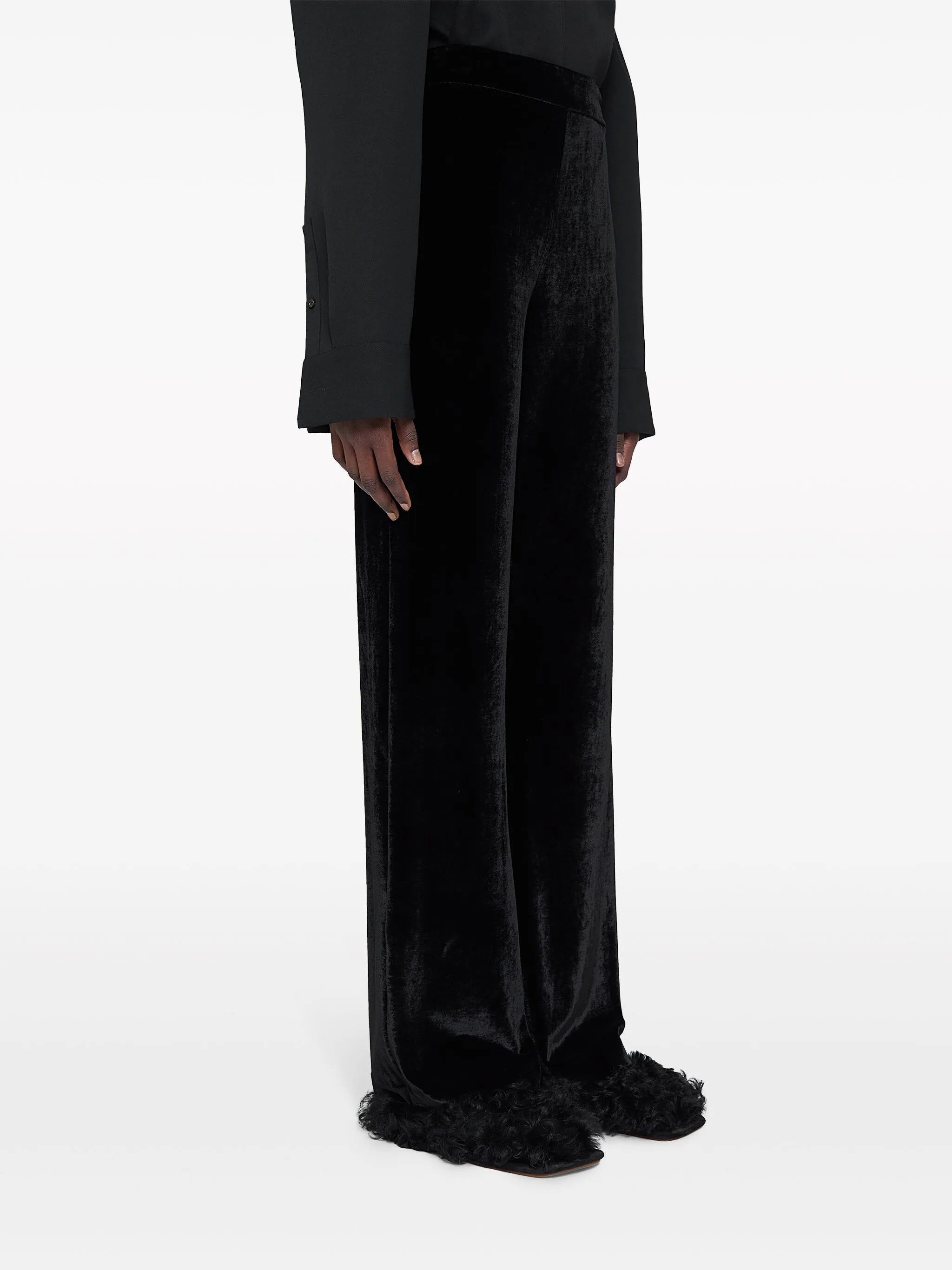 high-waist velvet straight-leg trousers