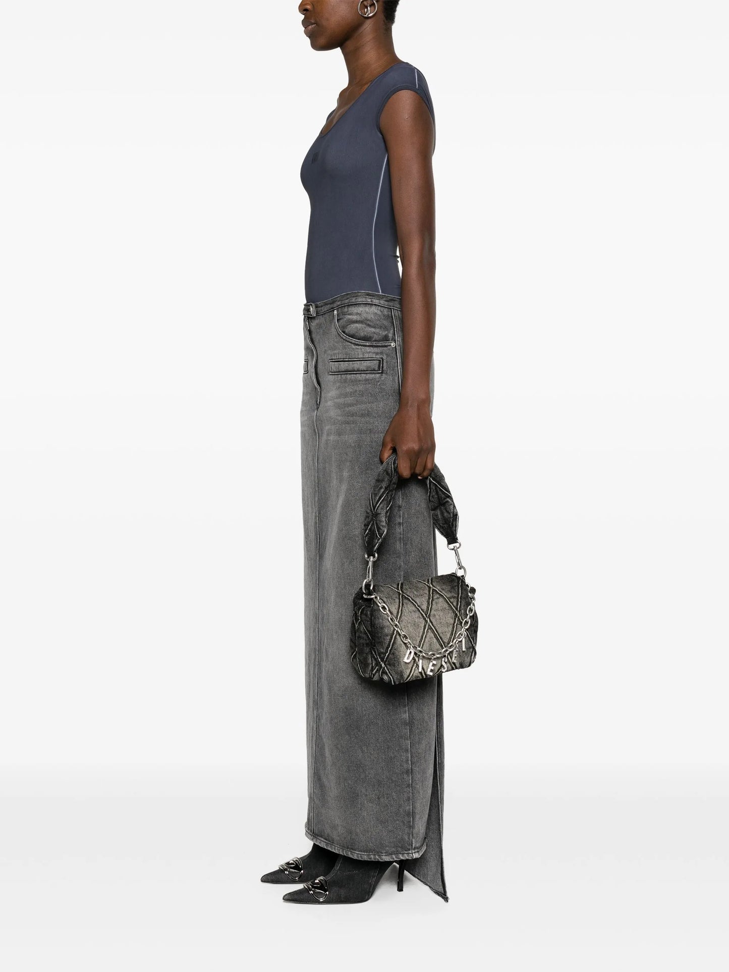 small logo-charm quilted denim bag