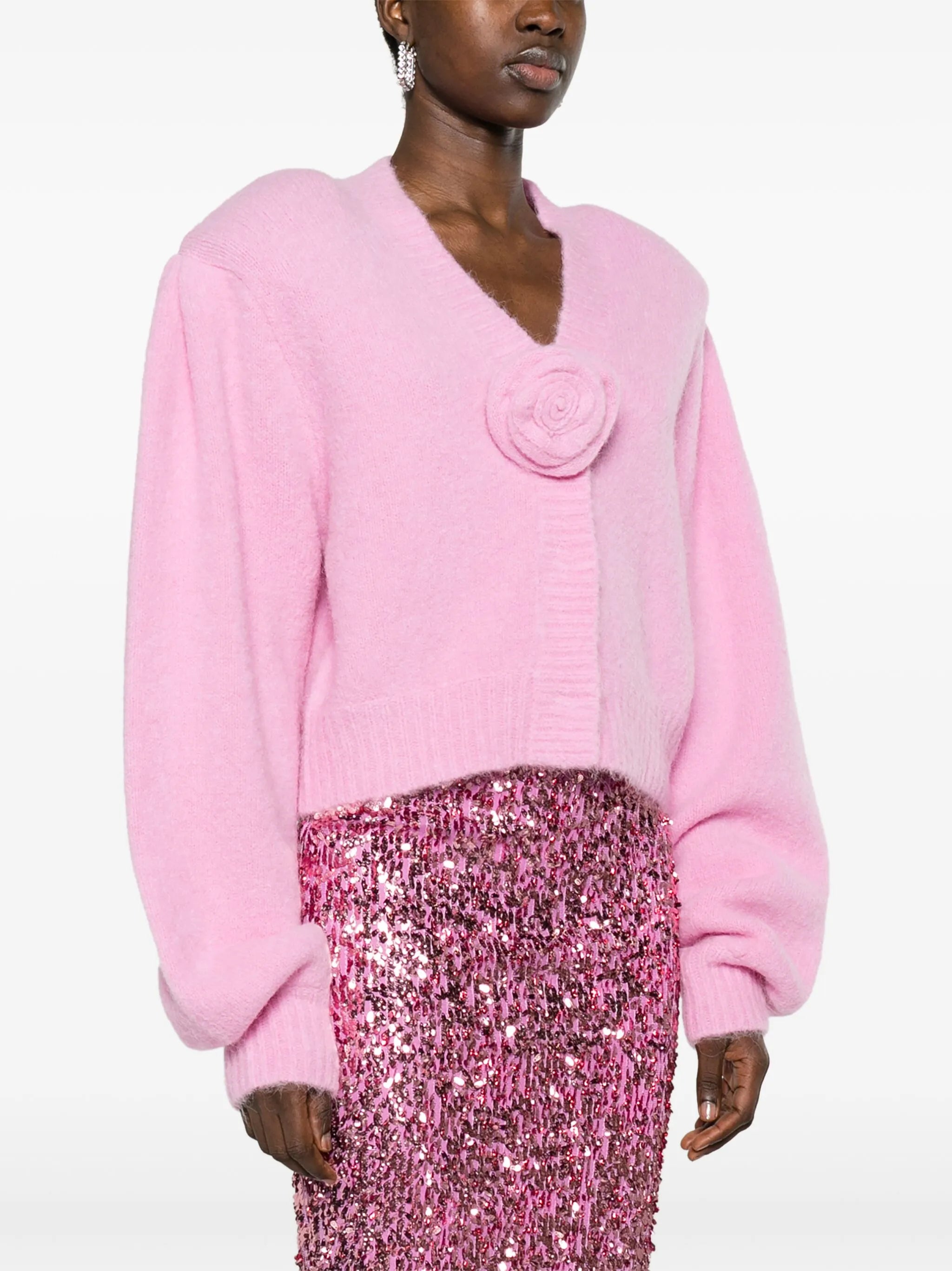 floral-appliqué brushed-knit cardigan
