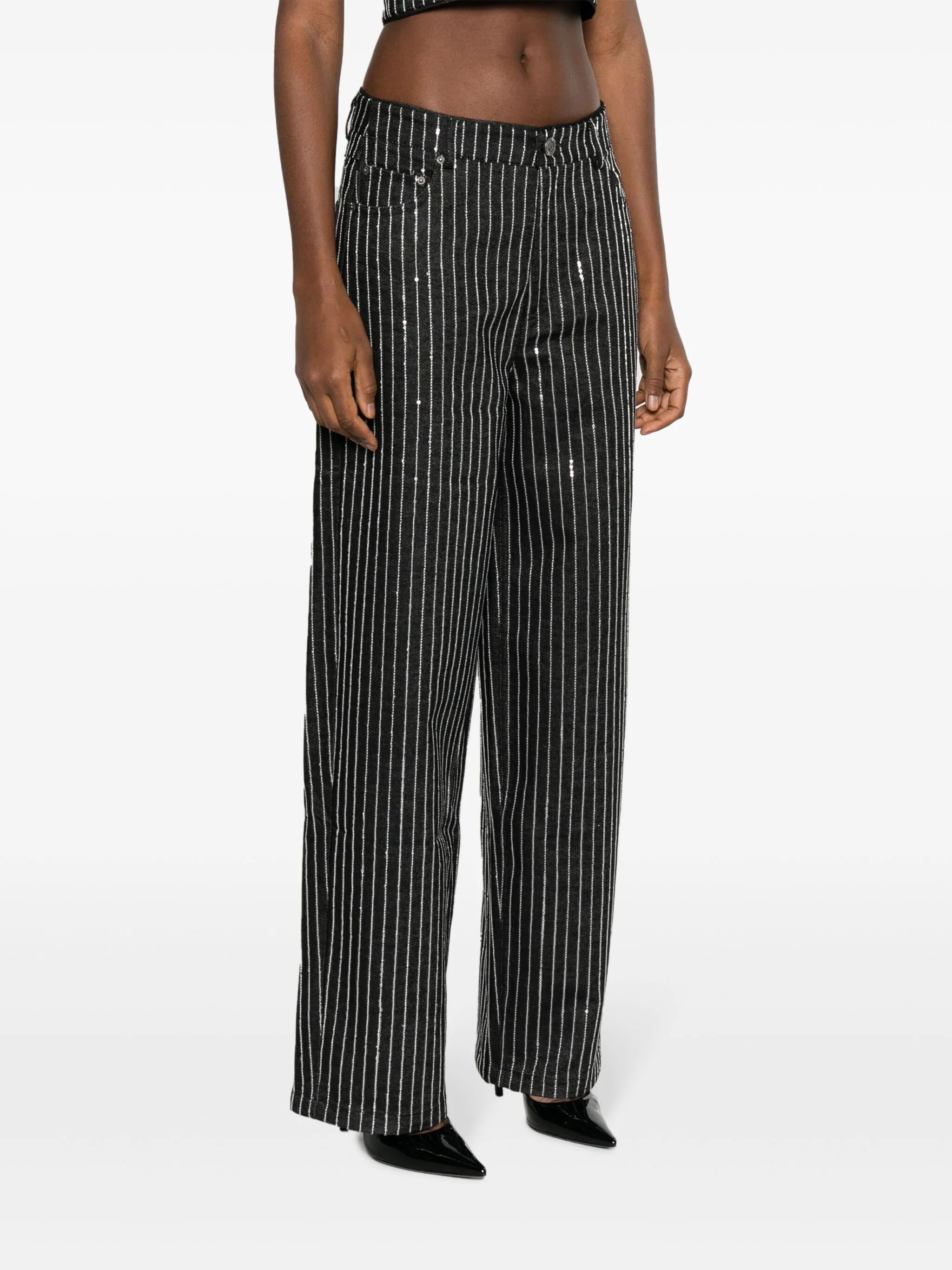 sequinned striped wide-leg jeans