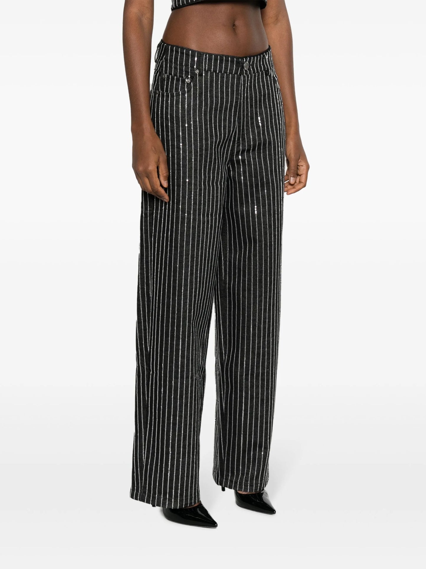 sequinned striped wide-leg jeans