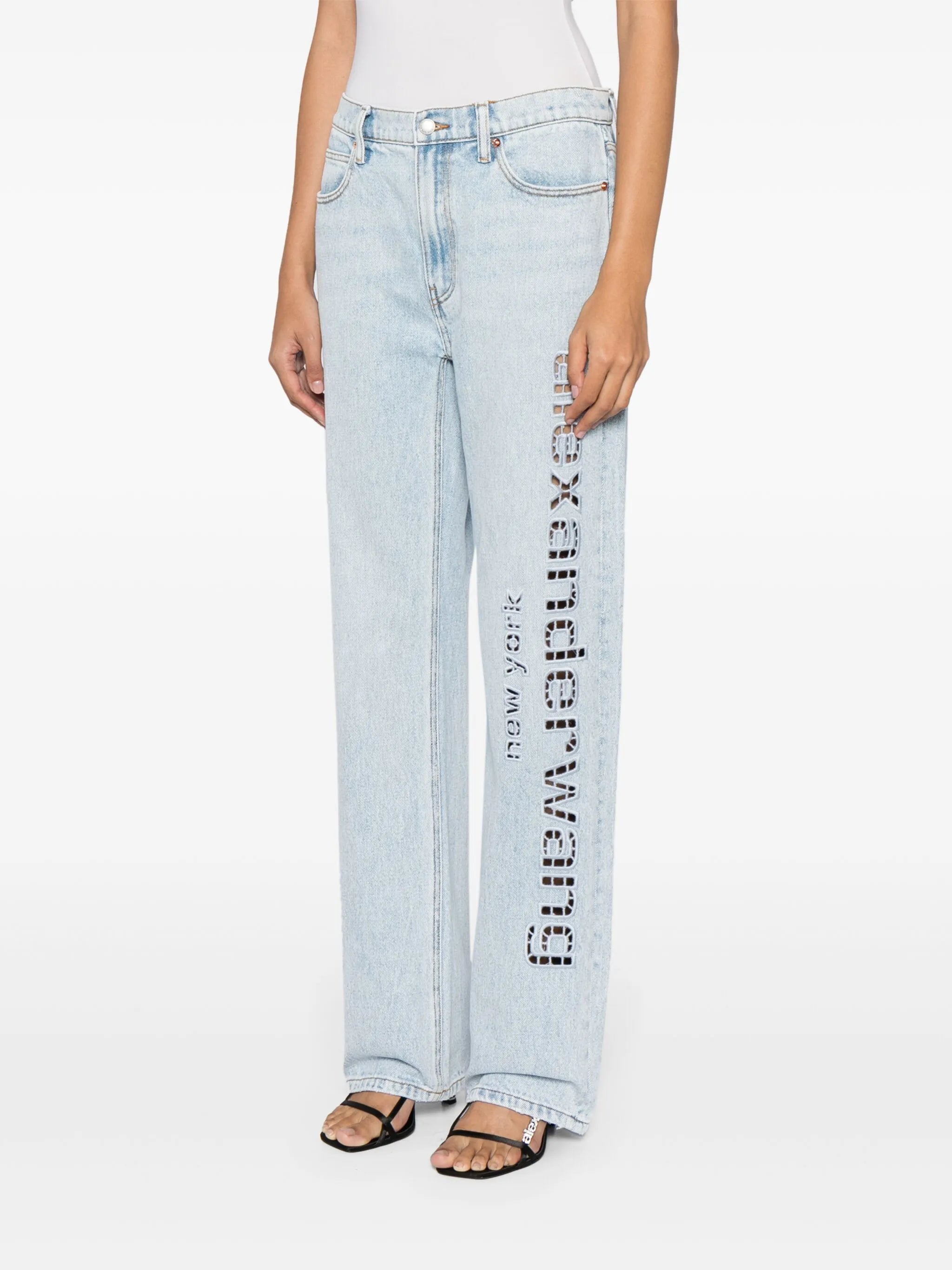 logo-perforated cotton straight jeans
