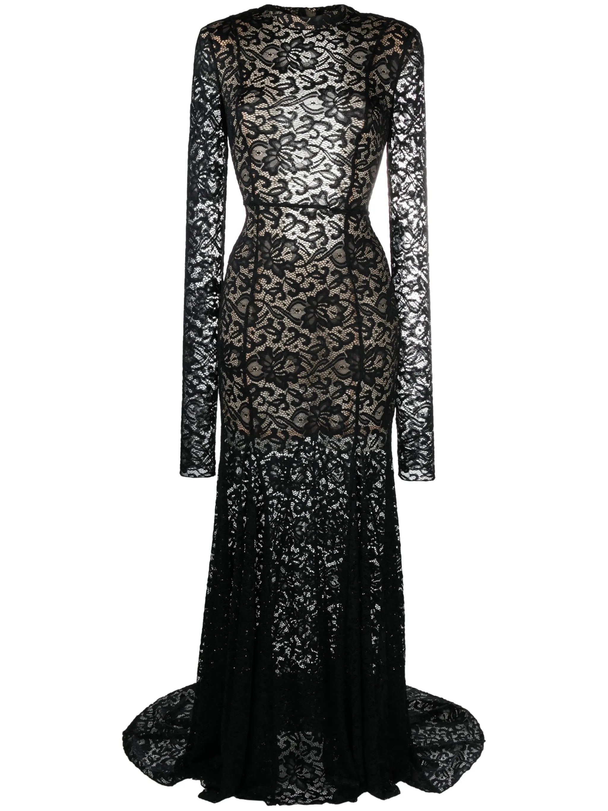 sheer-lace train maxi dress