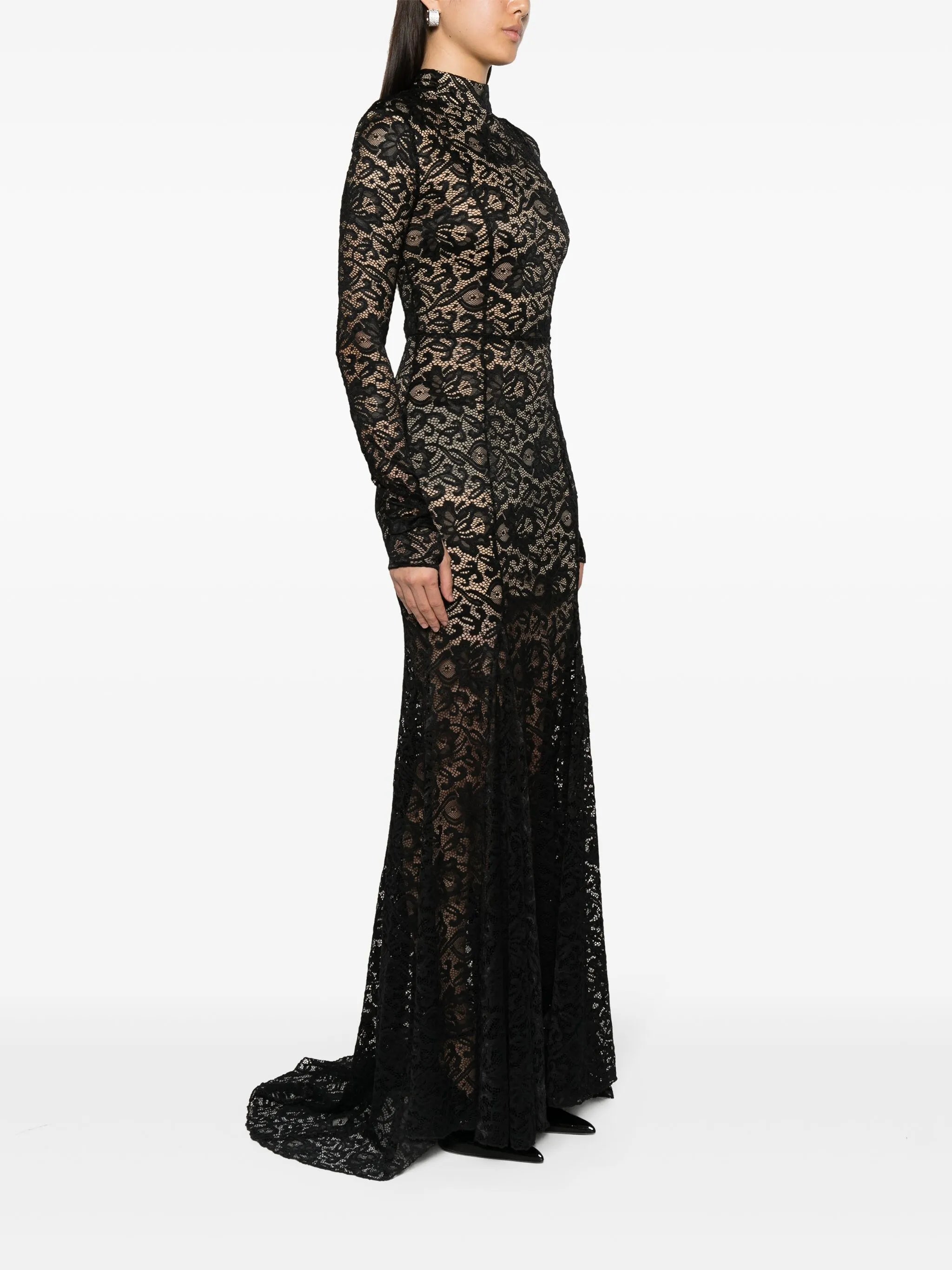 sheer-lace train maxi dress