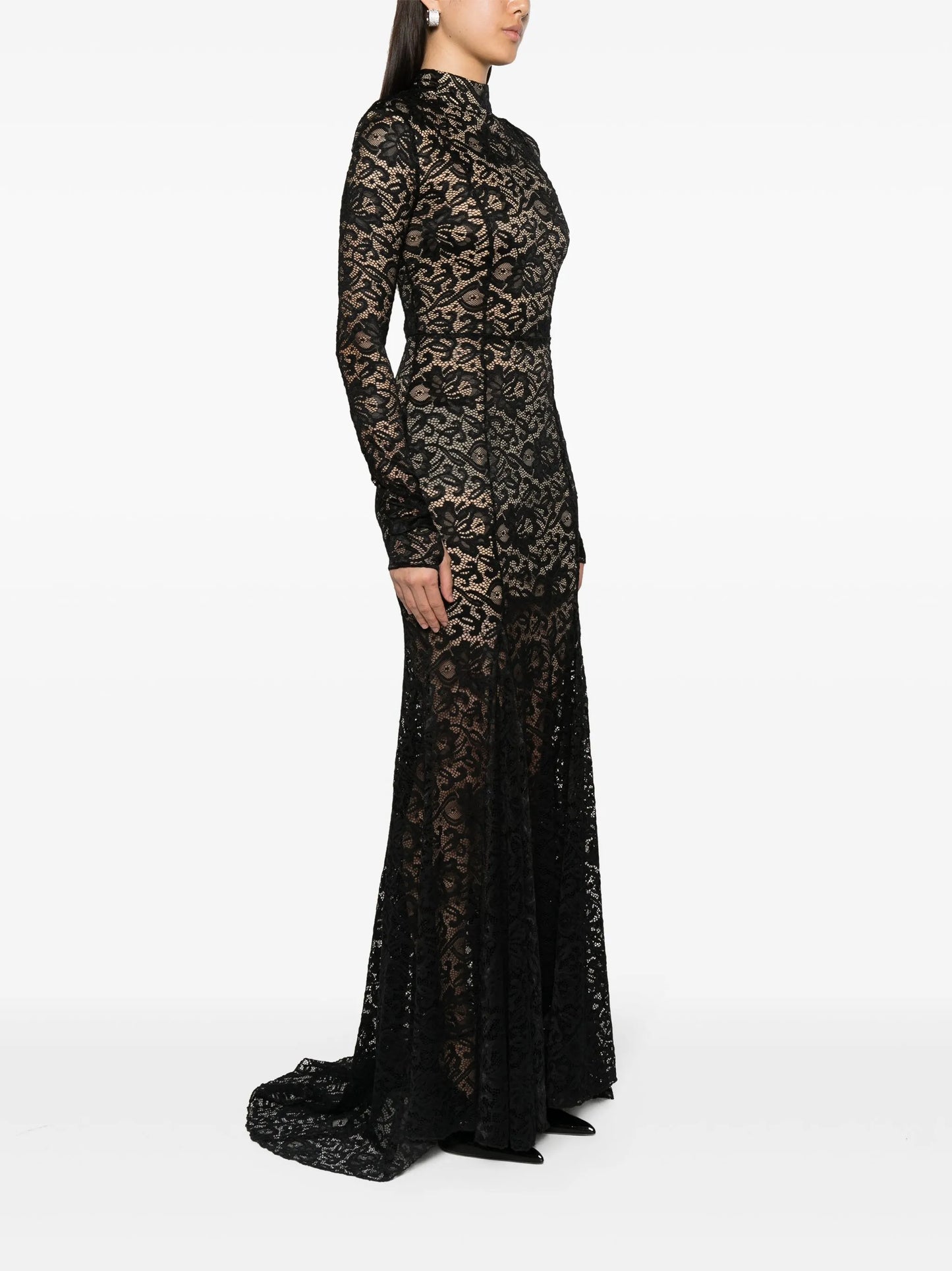 sheer-lace train maxi dress