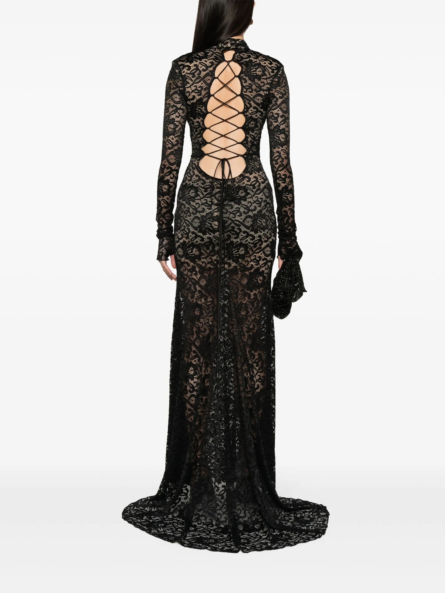 sheer-lace train maxi dress