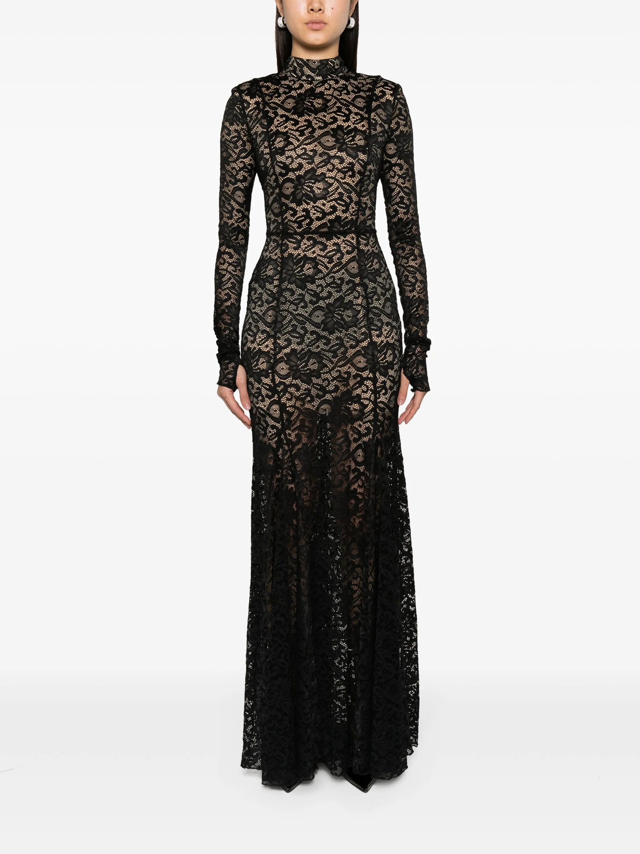 sheer-lace train maxi dress