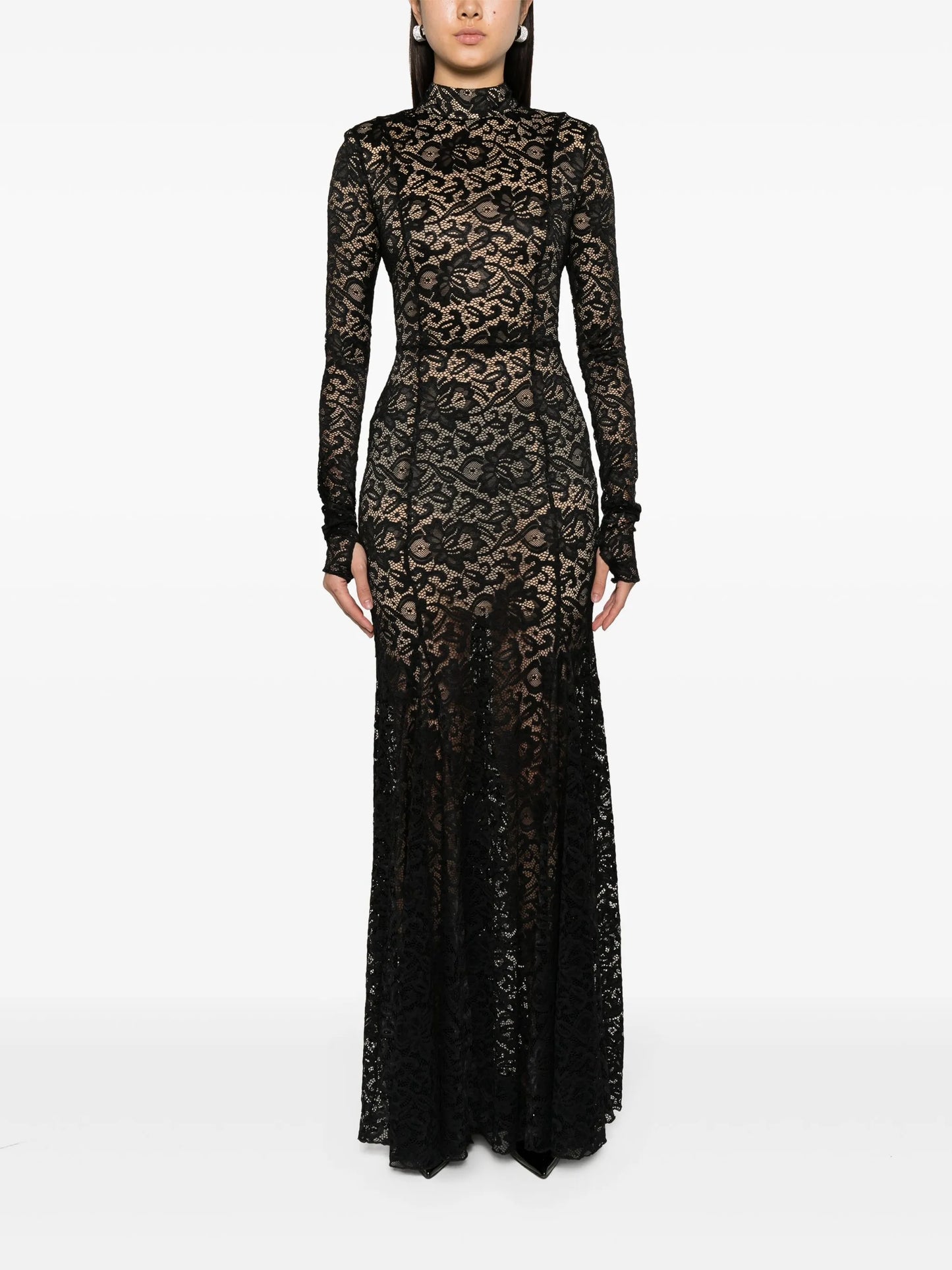 sheer-lace train maxi dress