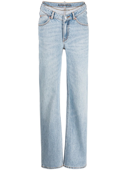 cable-chain link cotton straight jeans