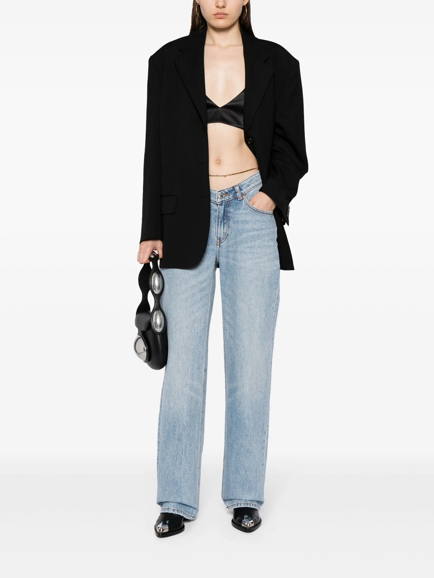 cable-chain link cotton straight jeans