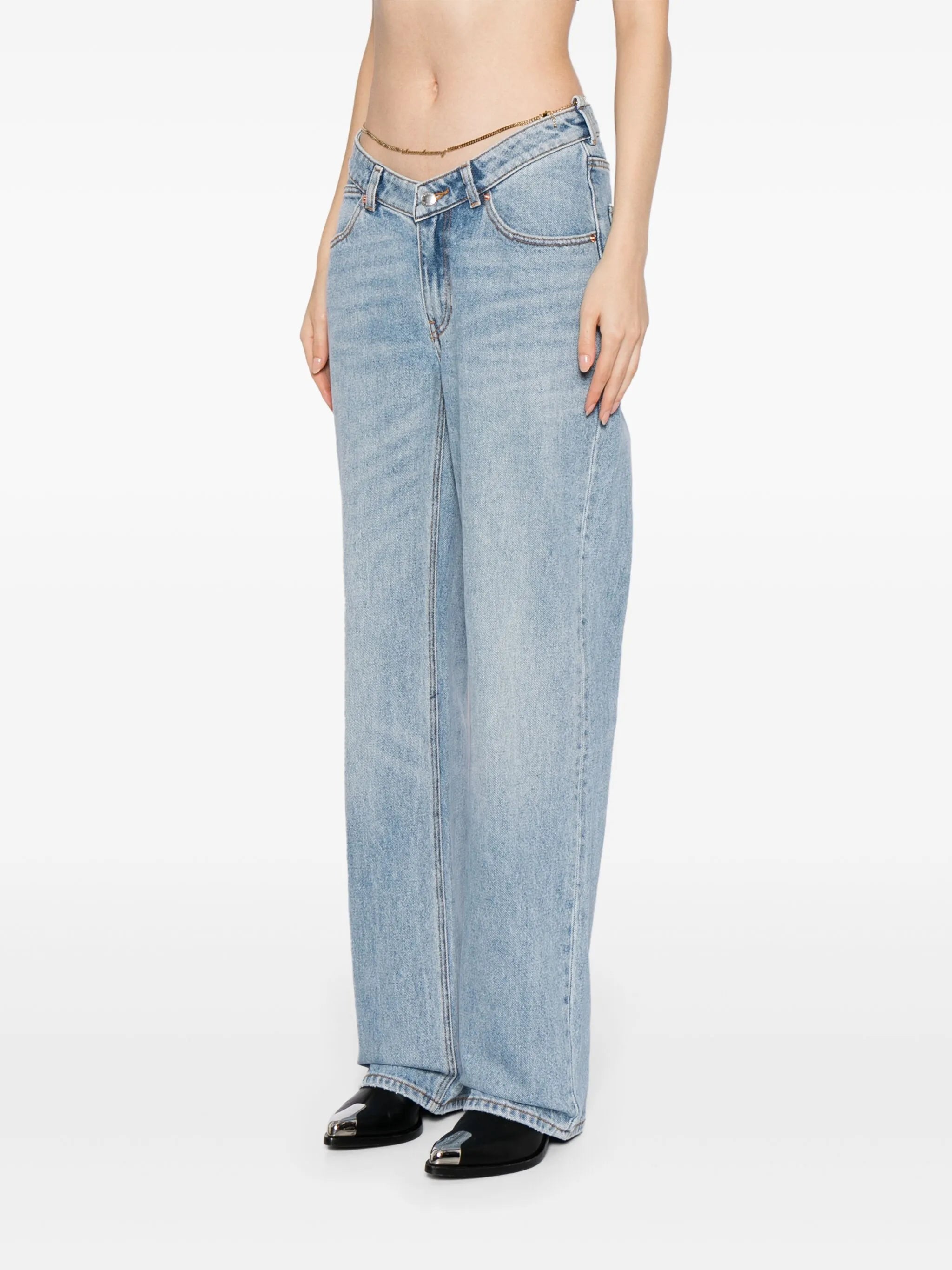 cable-chain link cotton straight jeans