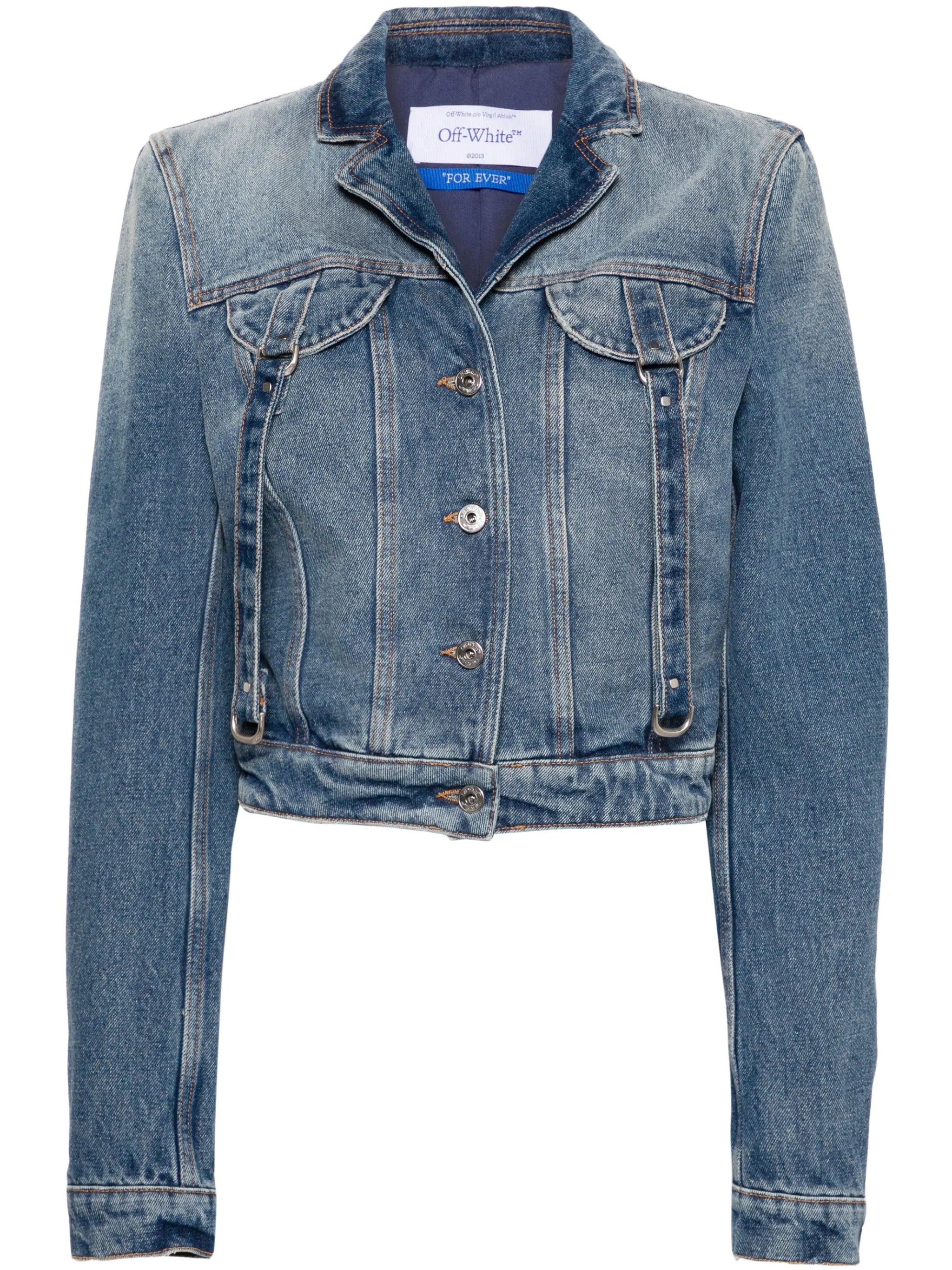 strap-detailing cropped denim jacket