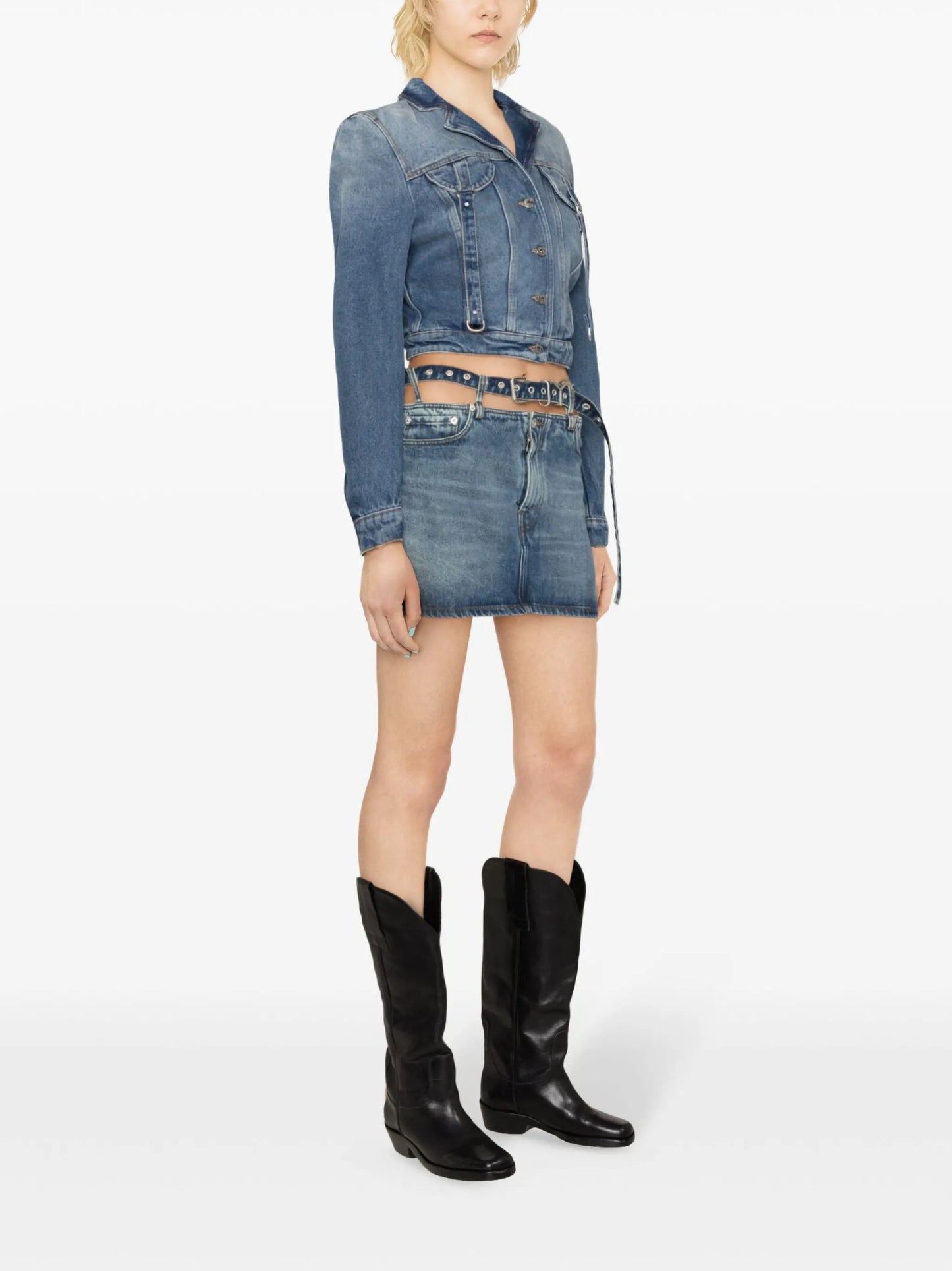 strap-detailing cropped denim jacket
