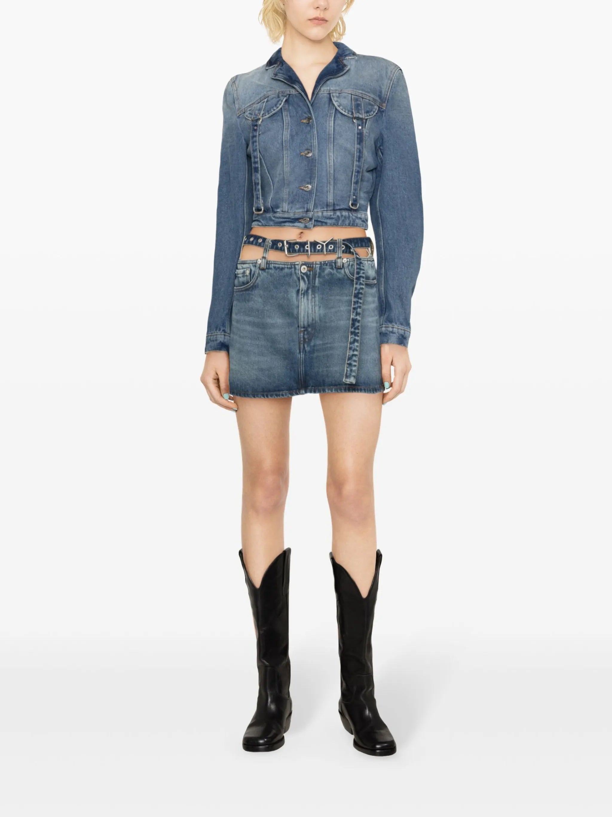 strap-detailing cropped denim jacket