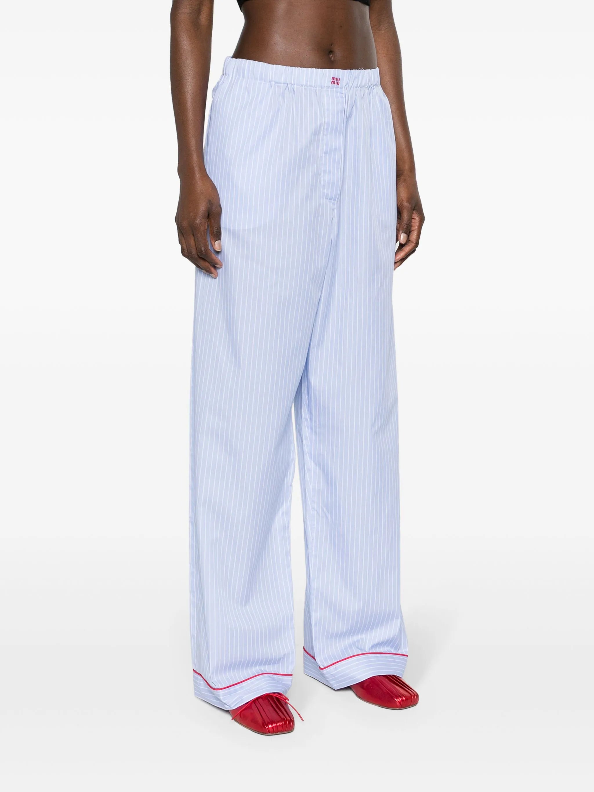 pinstriped wide-leg trousers