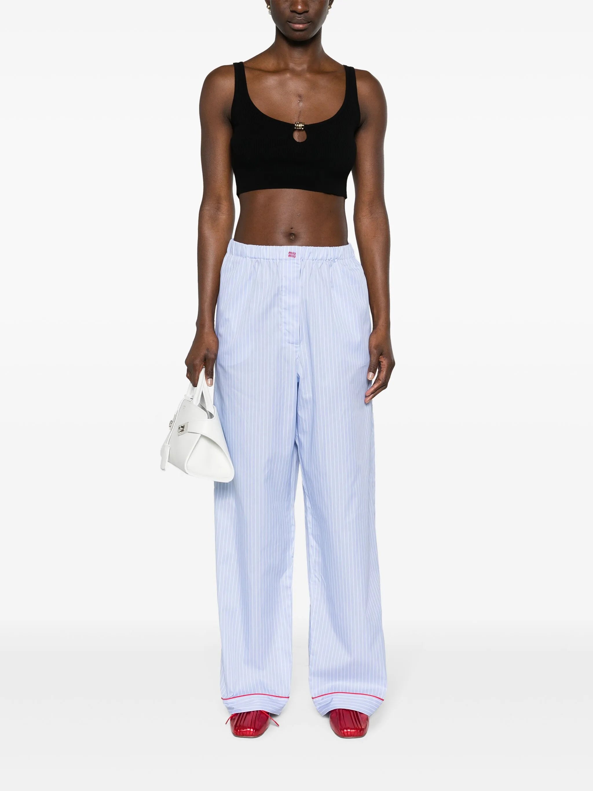 pinstriped wide-leg trousers