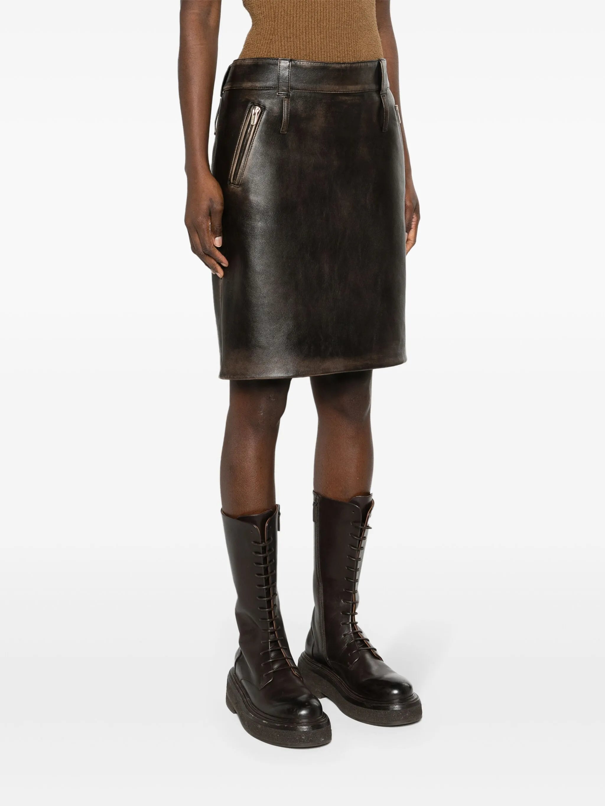 leather pencil midi skirt