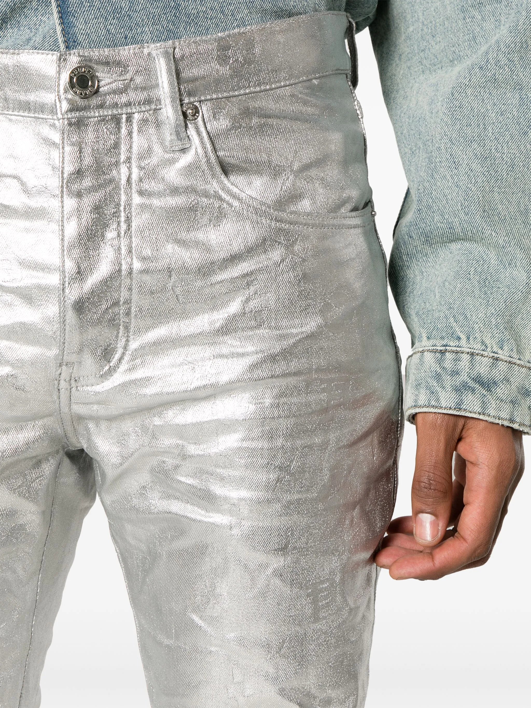P001 low-rise slim-leg metallic jeans