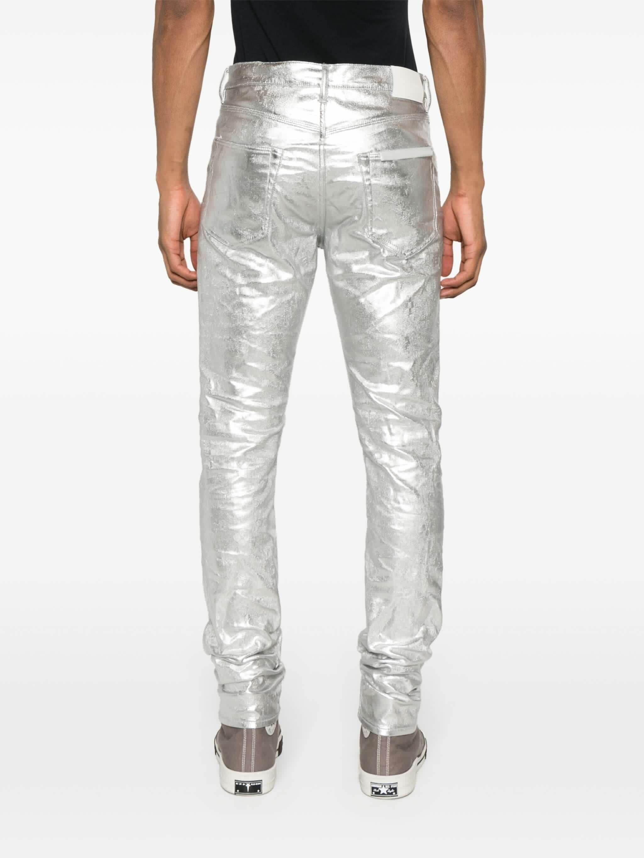 P001 low-rise slim-leg metallic jeans