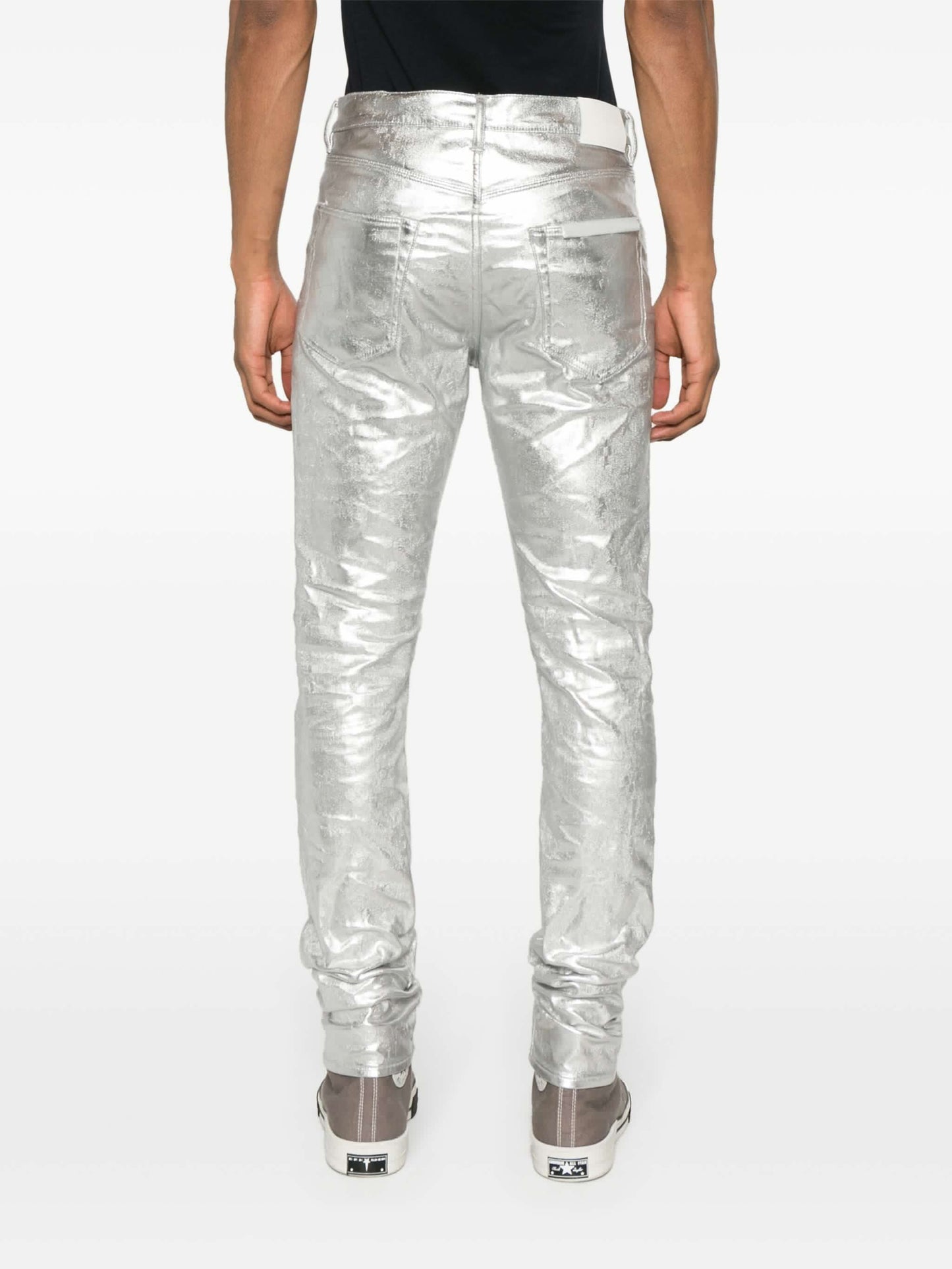 P001 low-rise slim-leg metallic jeans