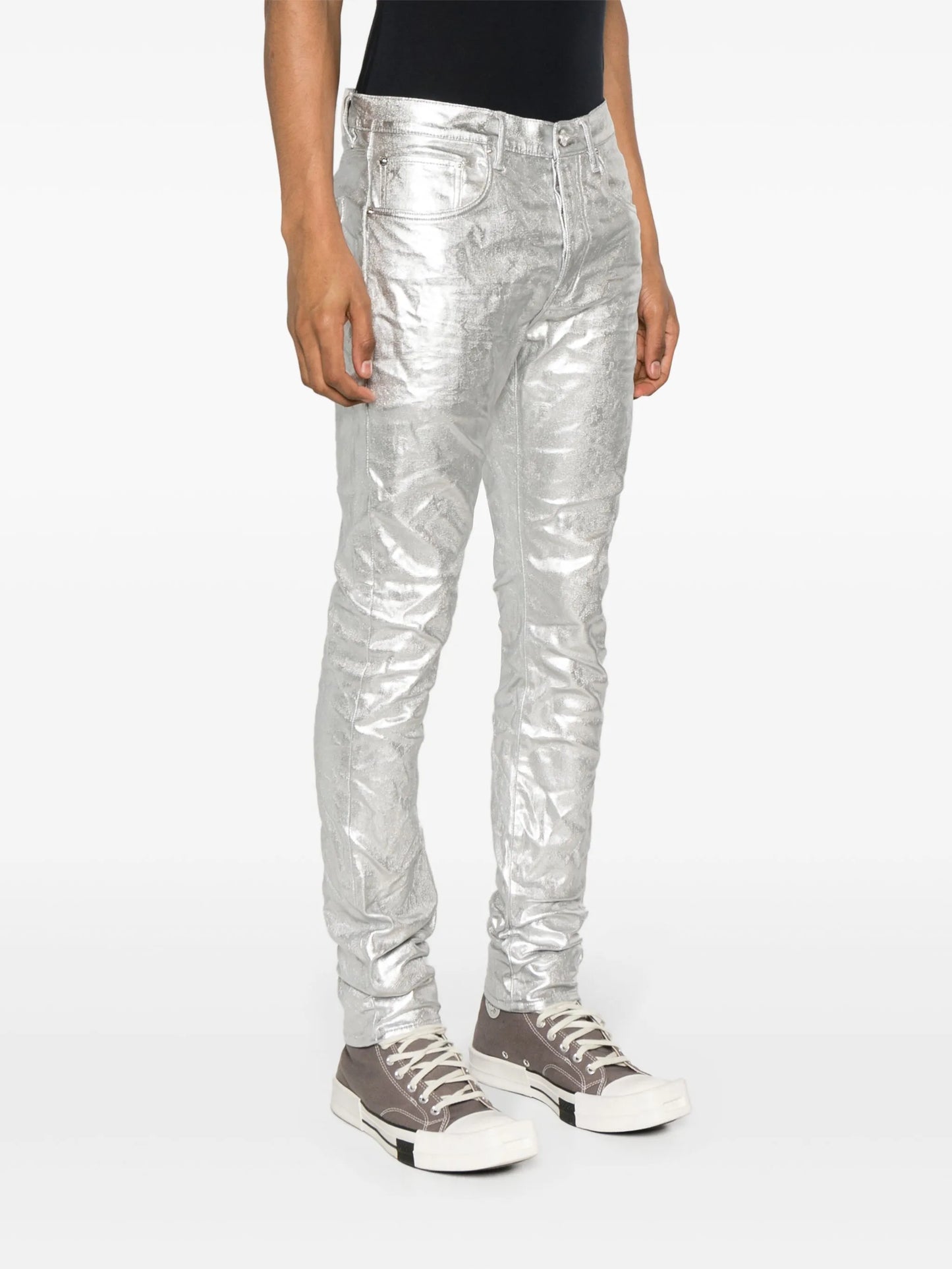 P001 low-rise slim-leg metallic jeans