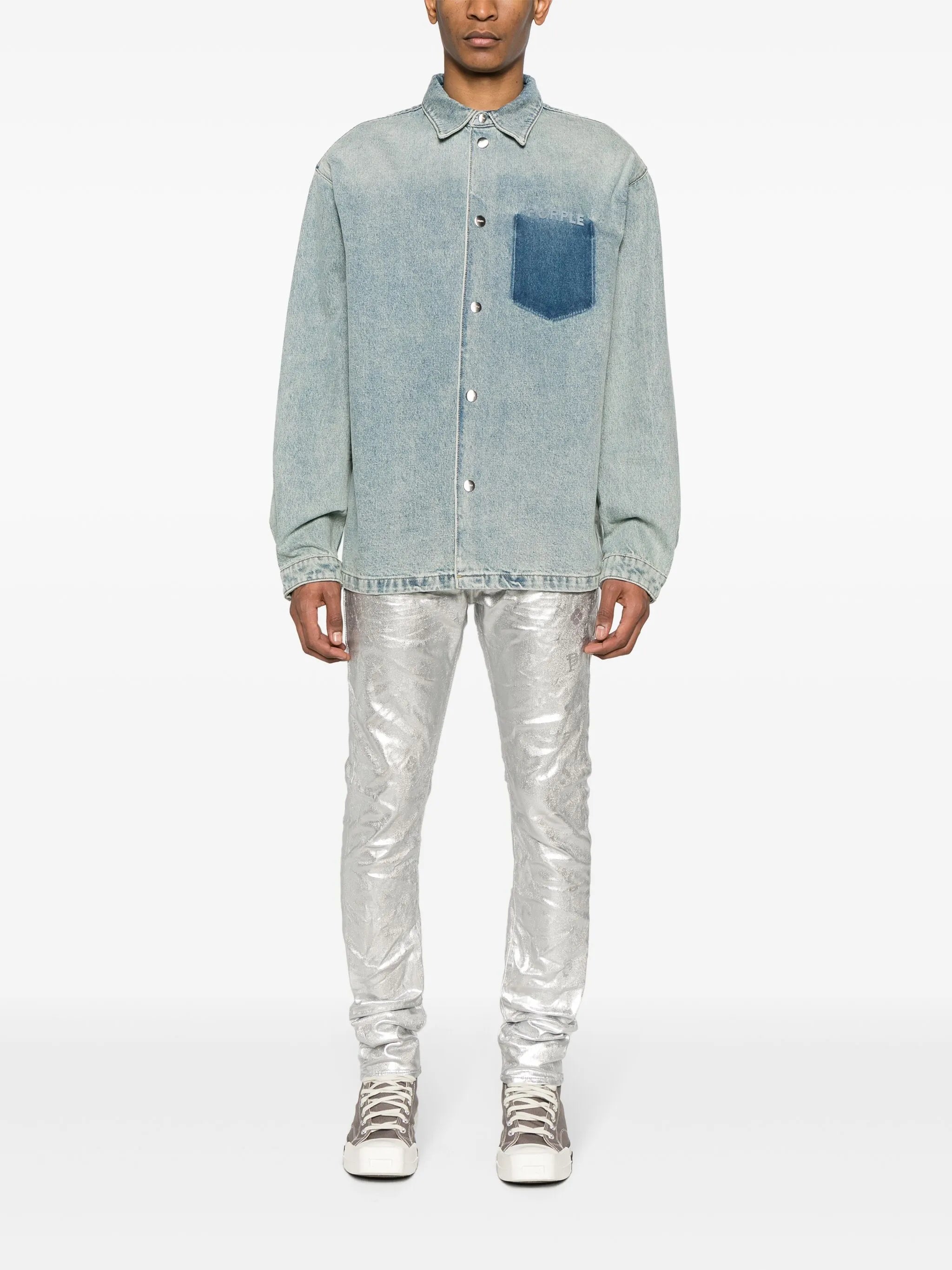 P001 low-rise slim-leg metallic jeans