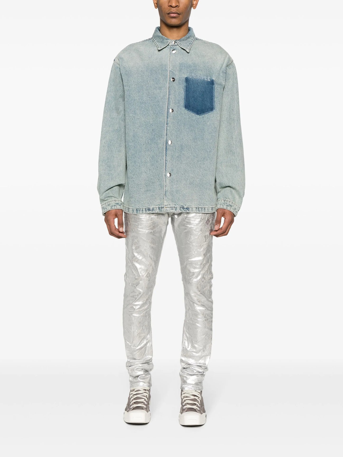 P001 low-rise slim-leg metallic jeans