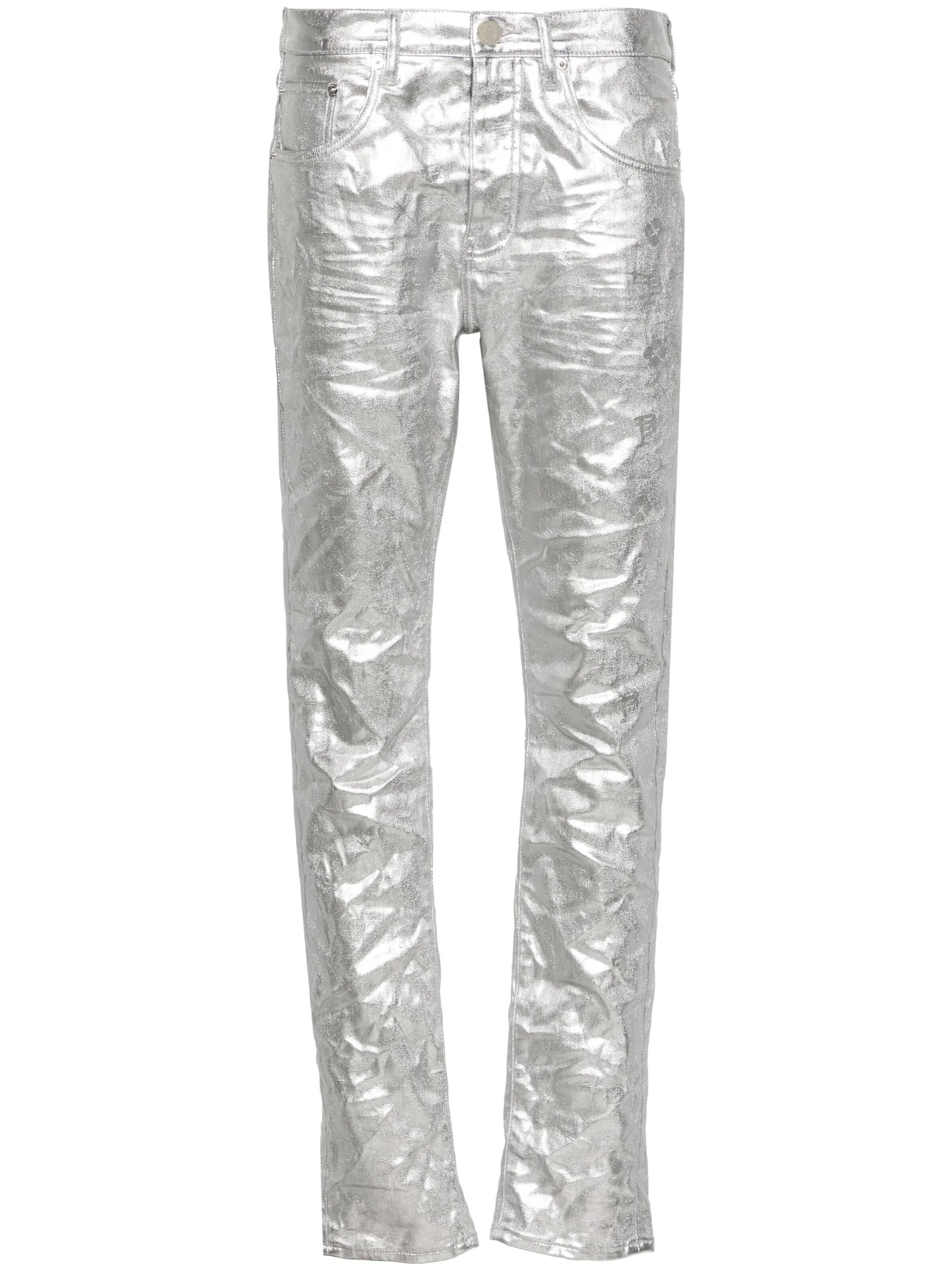 P001 low-rise slim-leg metallic jeans