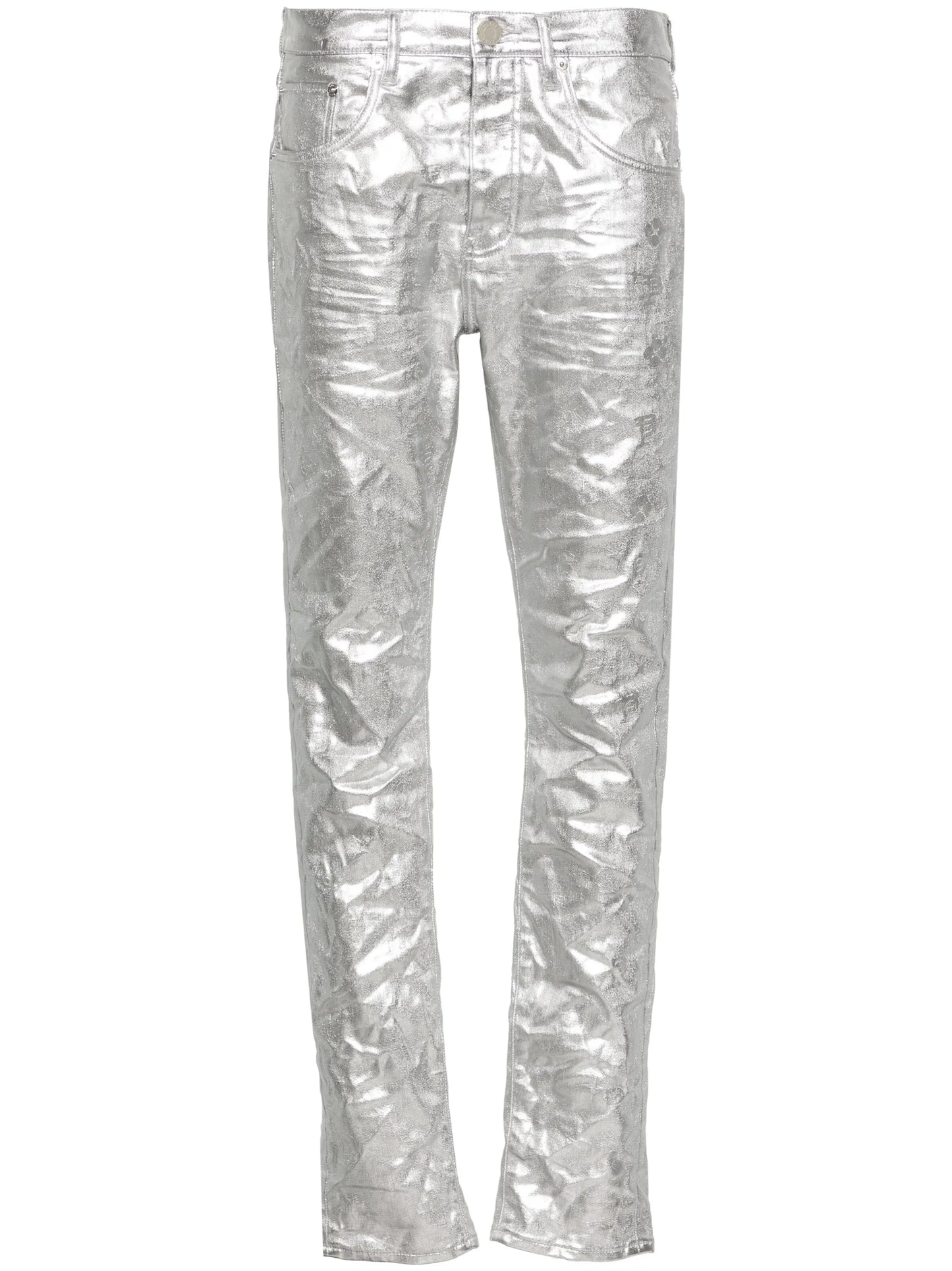 P001 low-rise slim-leg metallic jeans