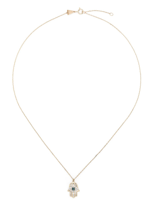 14kt yellow gold Hamsa pendant white and blue diamond necklace