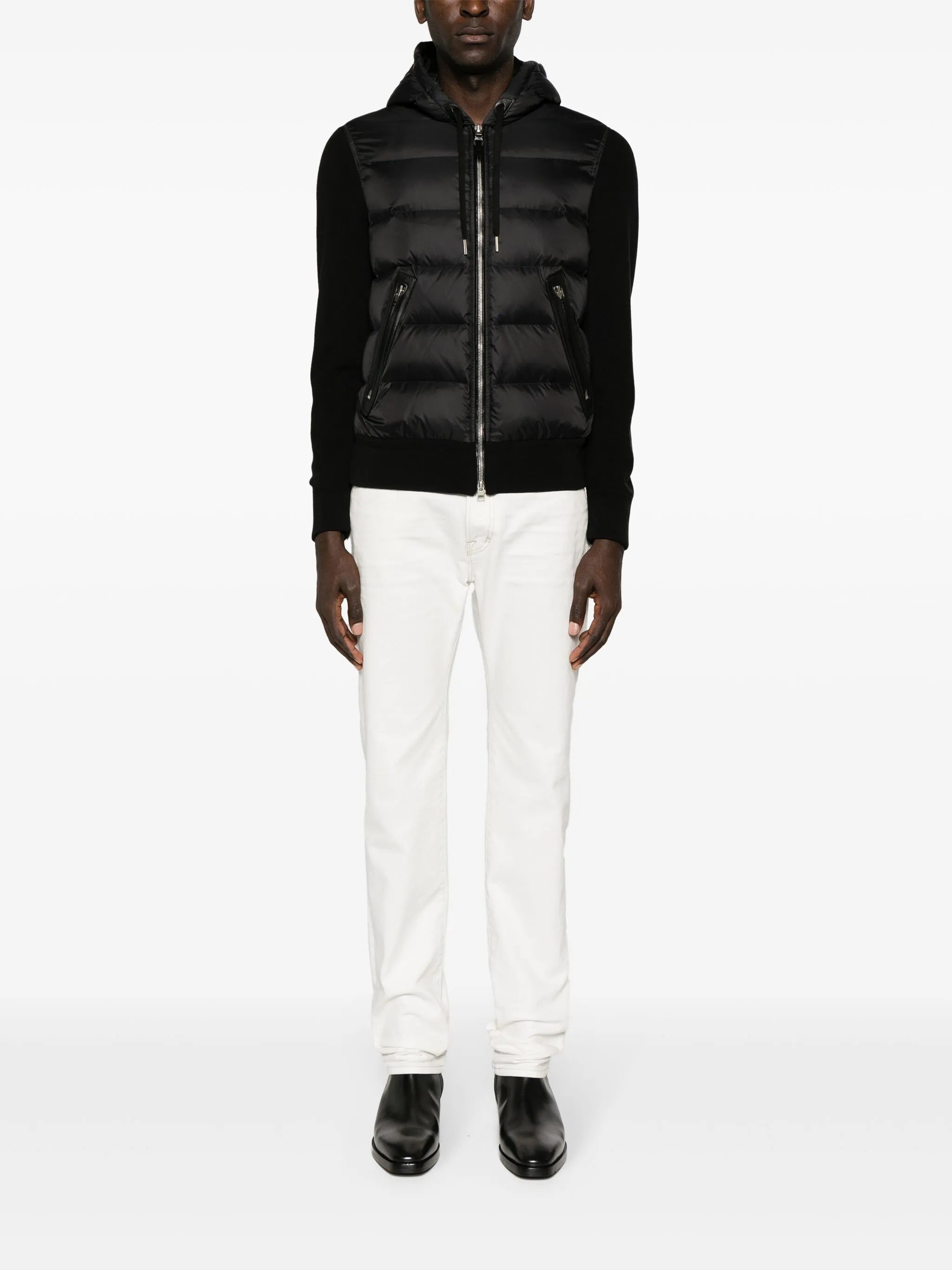 hooded knit-panelled puffer jacket