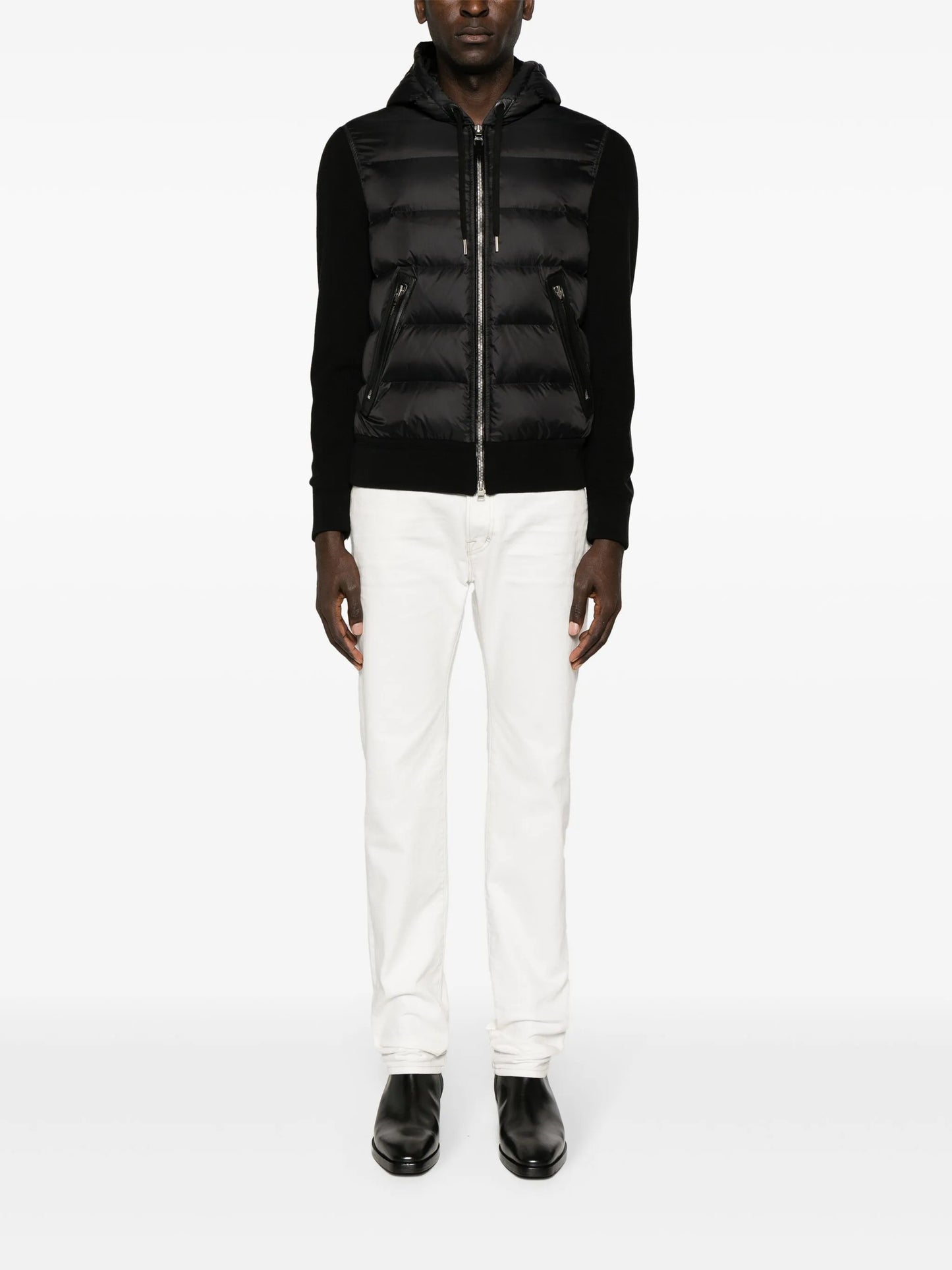 hooded knit-panelled puffer jacket