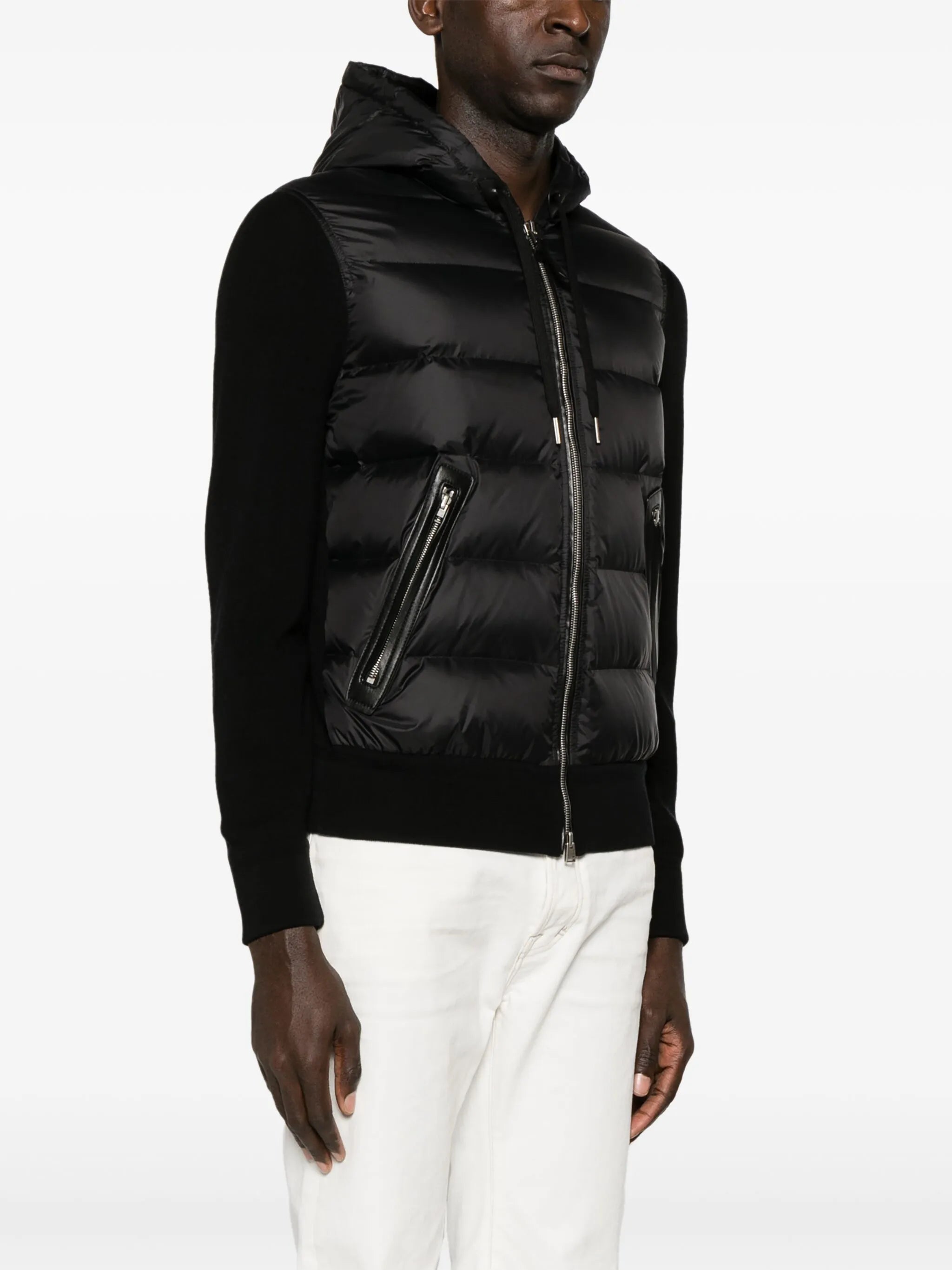 hooded knit-panelled puffer jacket