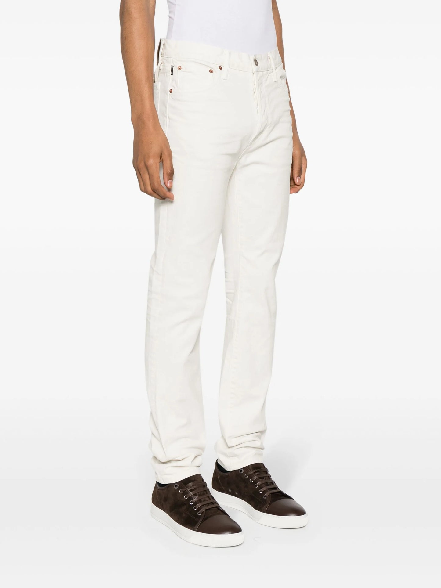 slim-leg whiskering-effect jeans