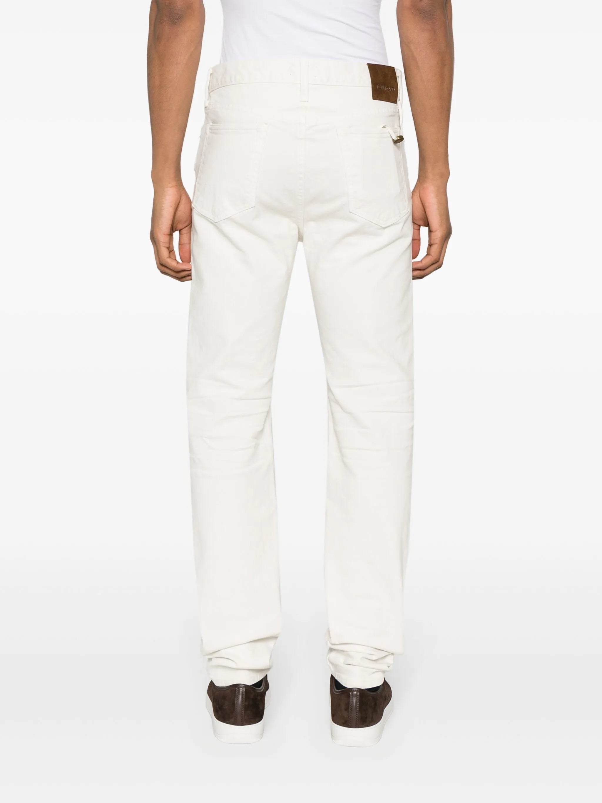 slim-leg whiskering-effect jeans