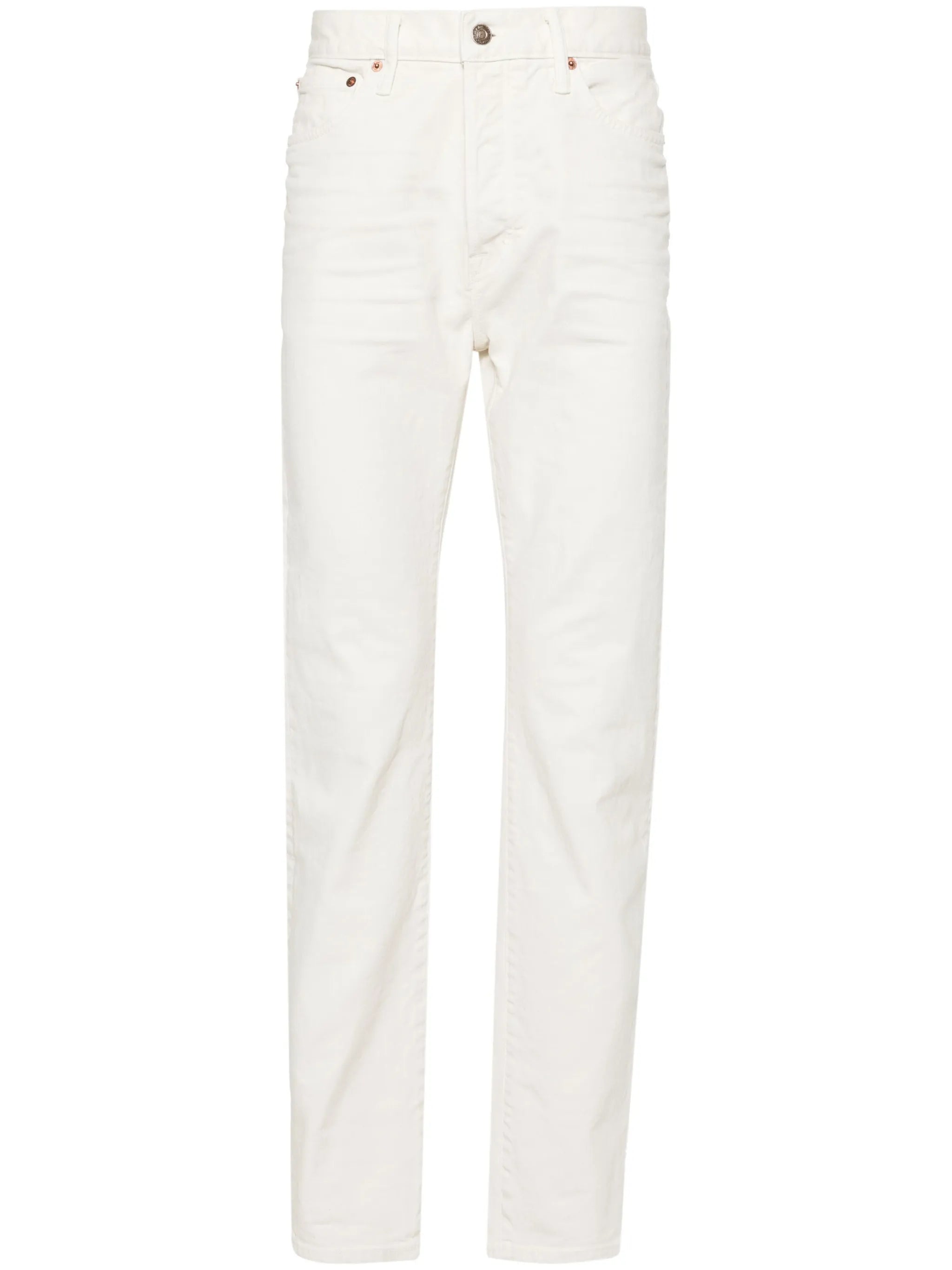 slim-leg whiskering-effect jeans