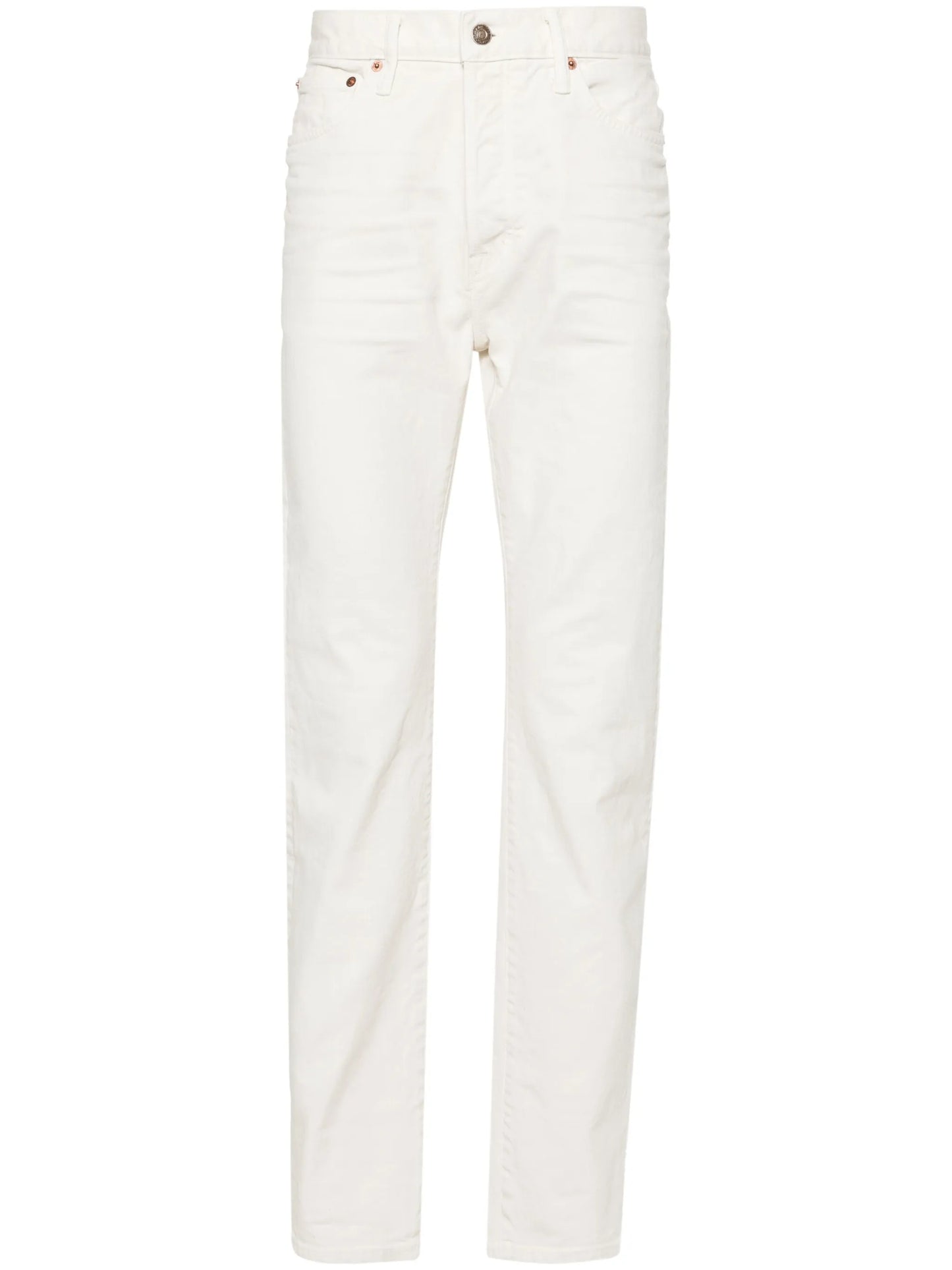 slim-leg whiskering-effect jeans