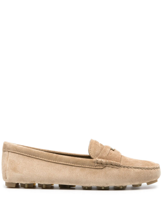 embossed-logo suede loafers