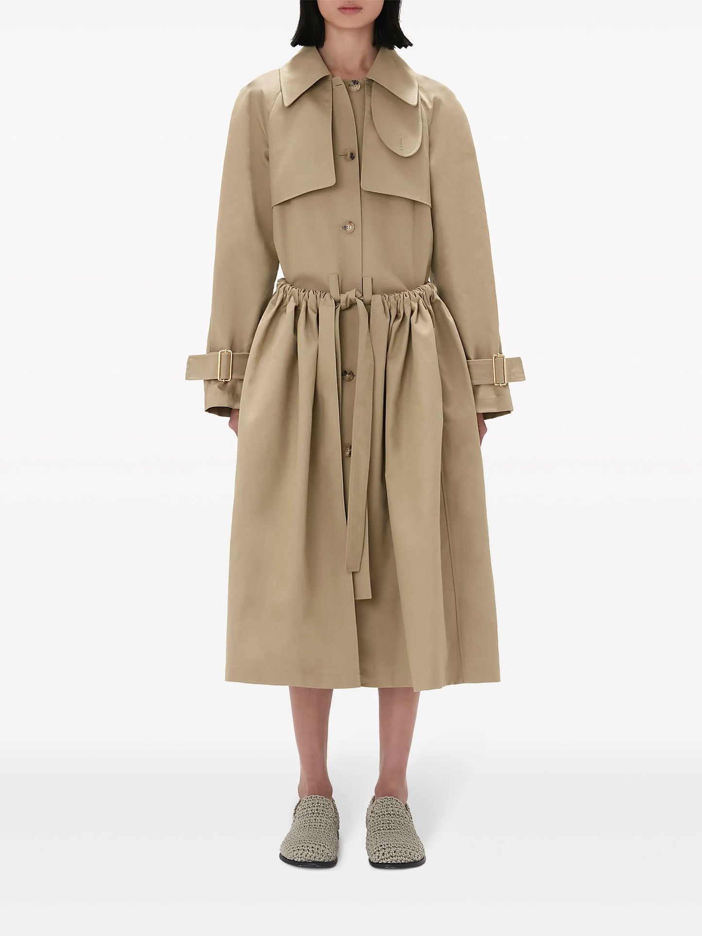 gathered-waist trench coat