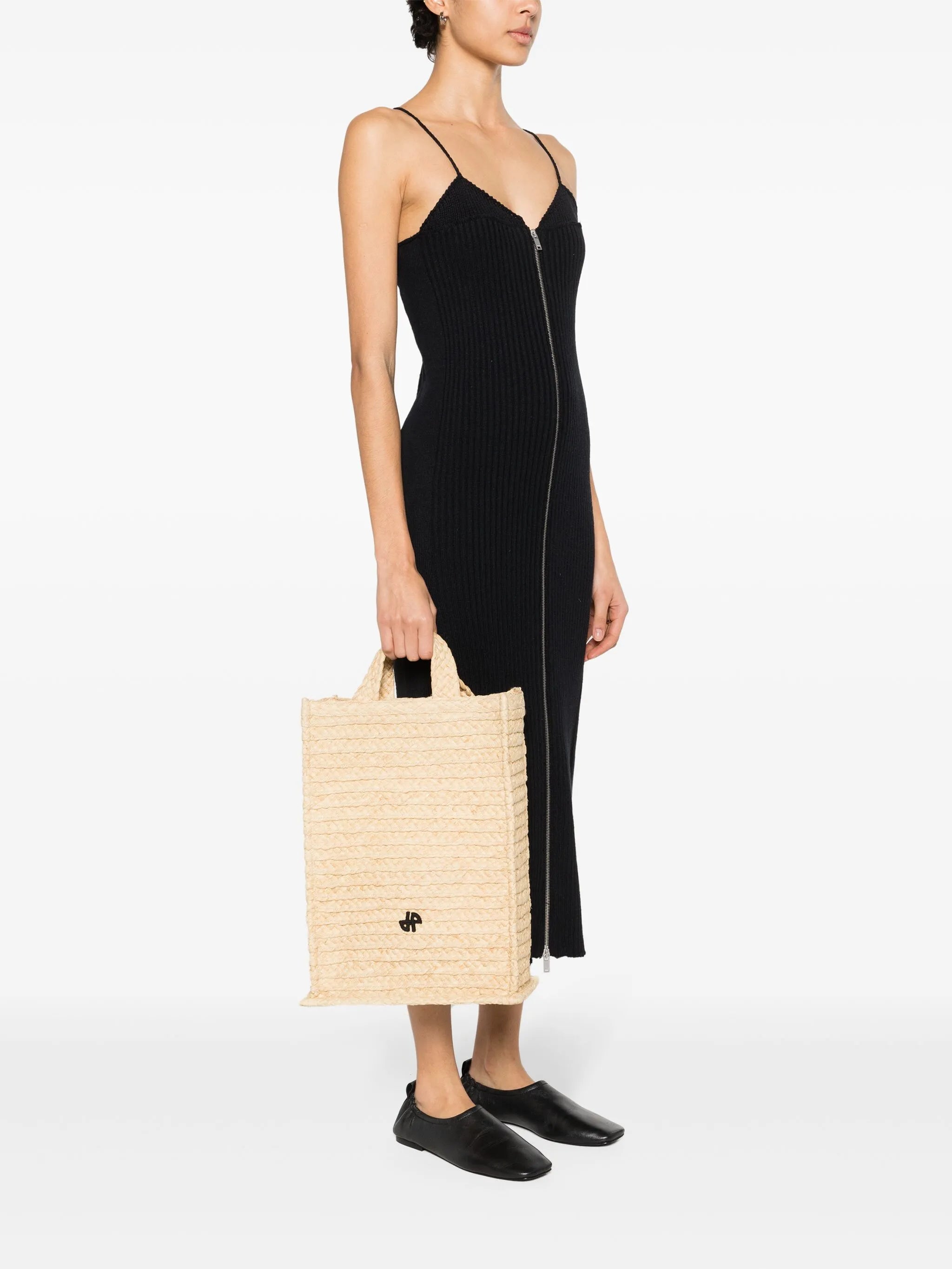 Vertical JP raffia tote bag