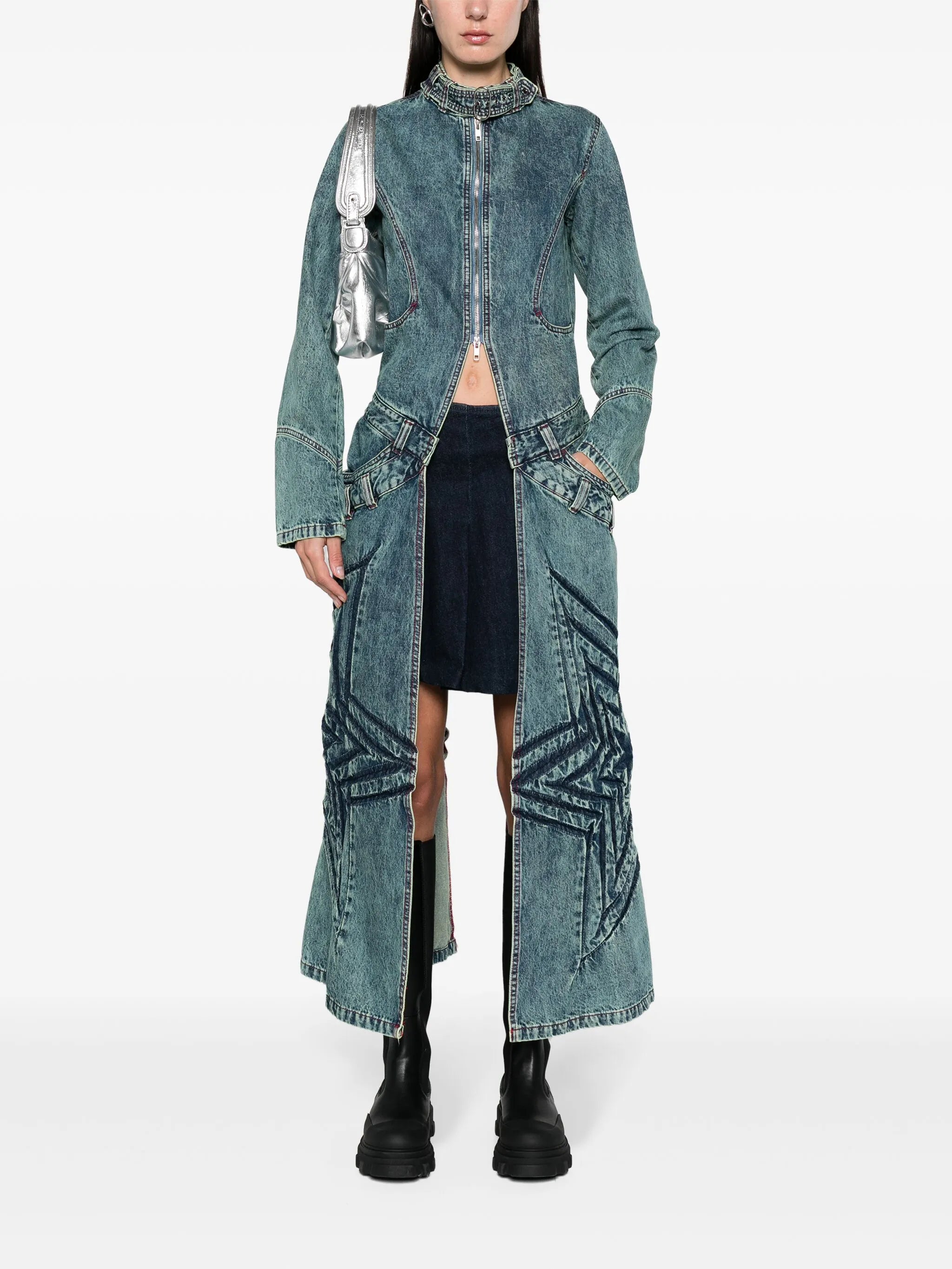 star-patch long denim coat